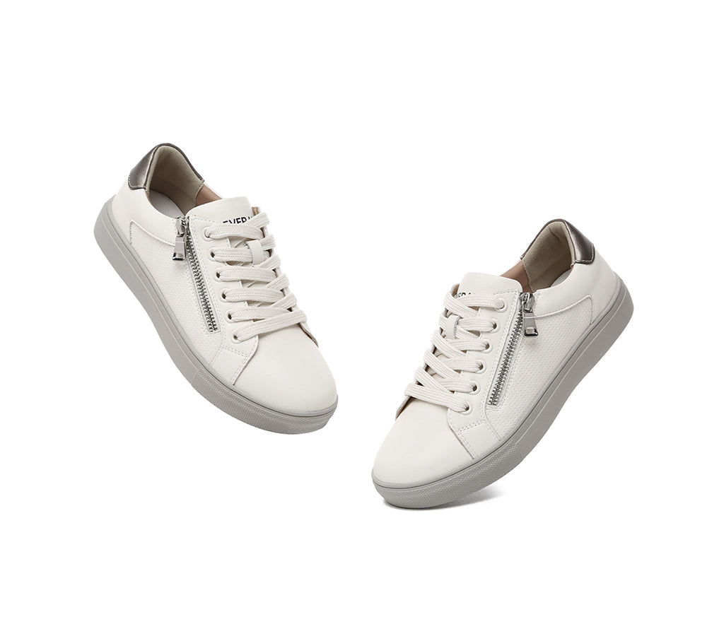 EVERAU® Women's White Leather Sneakers with Zip Decor - Low Top Casual Shoes for Walking, Work & Everyday Wear | Chloe Style