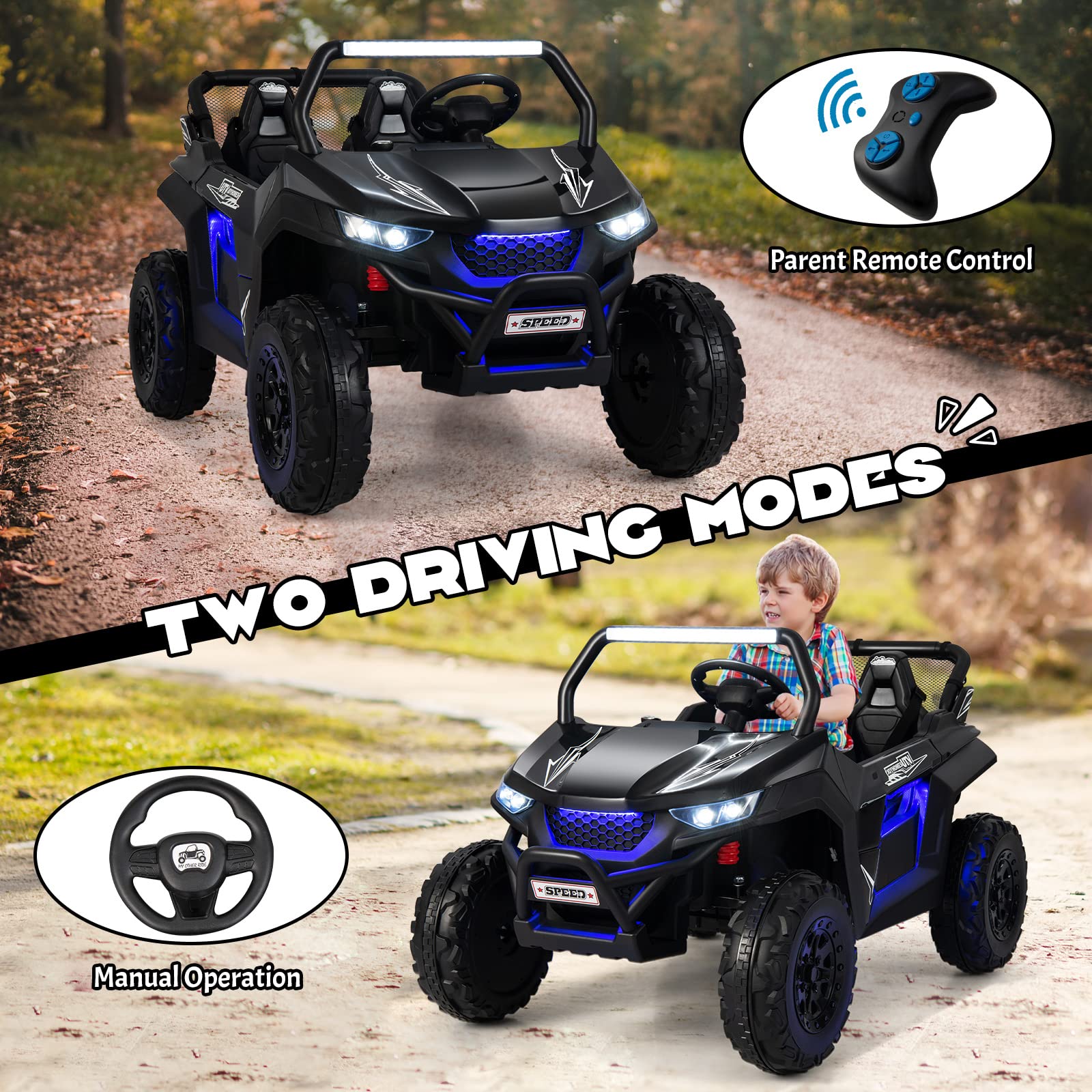 OLAKIDS 12V Kids Electric Ride On Car - 2 Seater UTV with Parent Remote Control, Spring Suspension & Bluetooth Music | Battery Powered Toy Vehicle for Boys & Girls Ages 3-8 | Perfect for Outdoor Play, Birthday Gifts & Backyard Fun (Jet Black)
