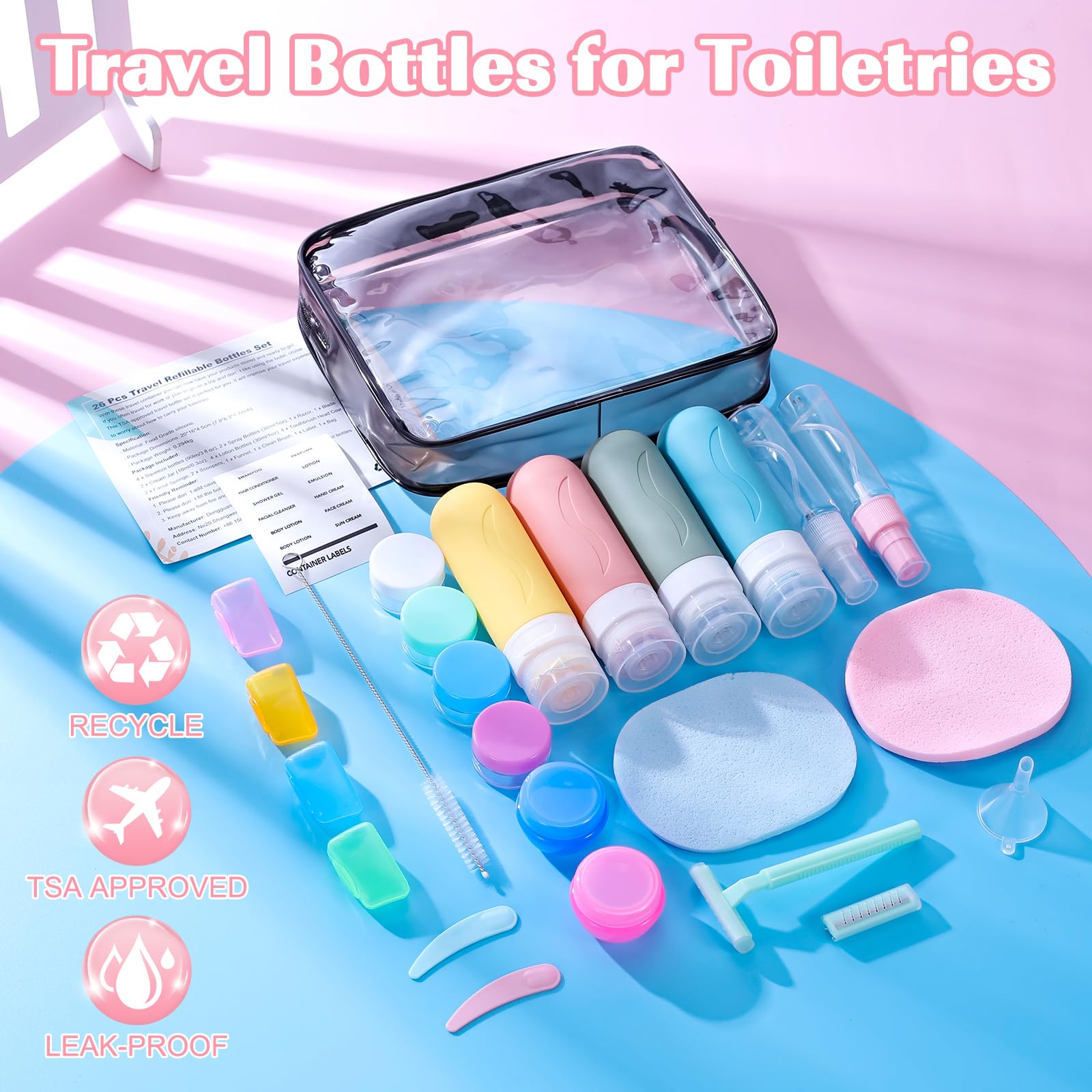 26 Pack TSA Approved Travel Size Toiletries Bottles - Leak Proof Silicone Containers for Shampoo, Lotion & Cosmetics | Perfect Travel Essentials for Women, Men & Carry-On Luggage | Ideal for Airplane, Vacation & Business Trips