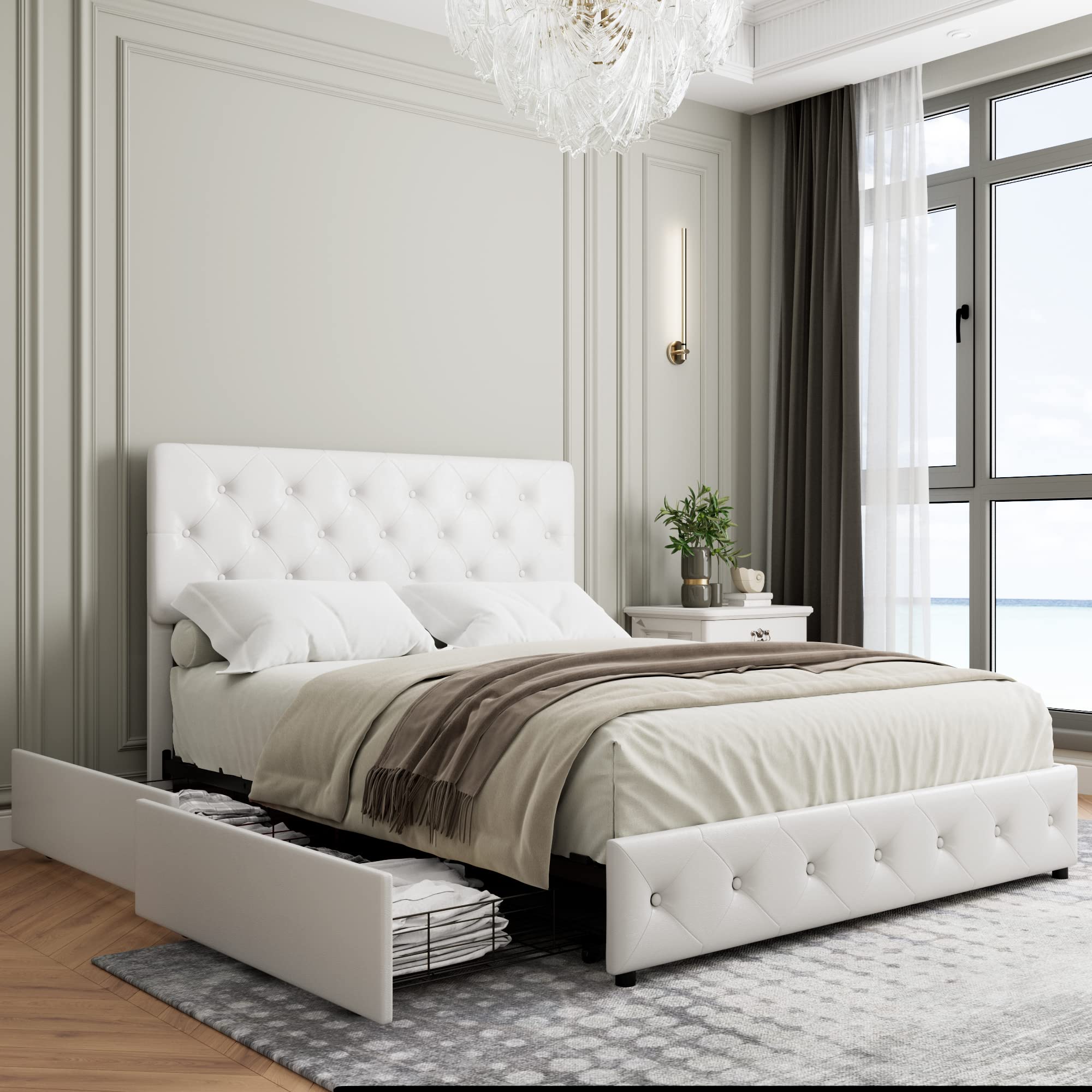 Queen Bed Frame with Storage, Adjustable Headboard & Wooden Slats - White PU Leather for Master Bedroom