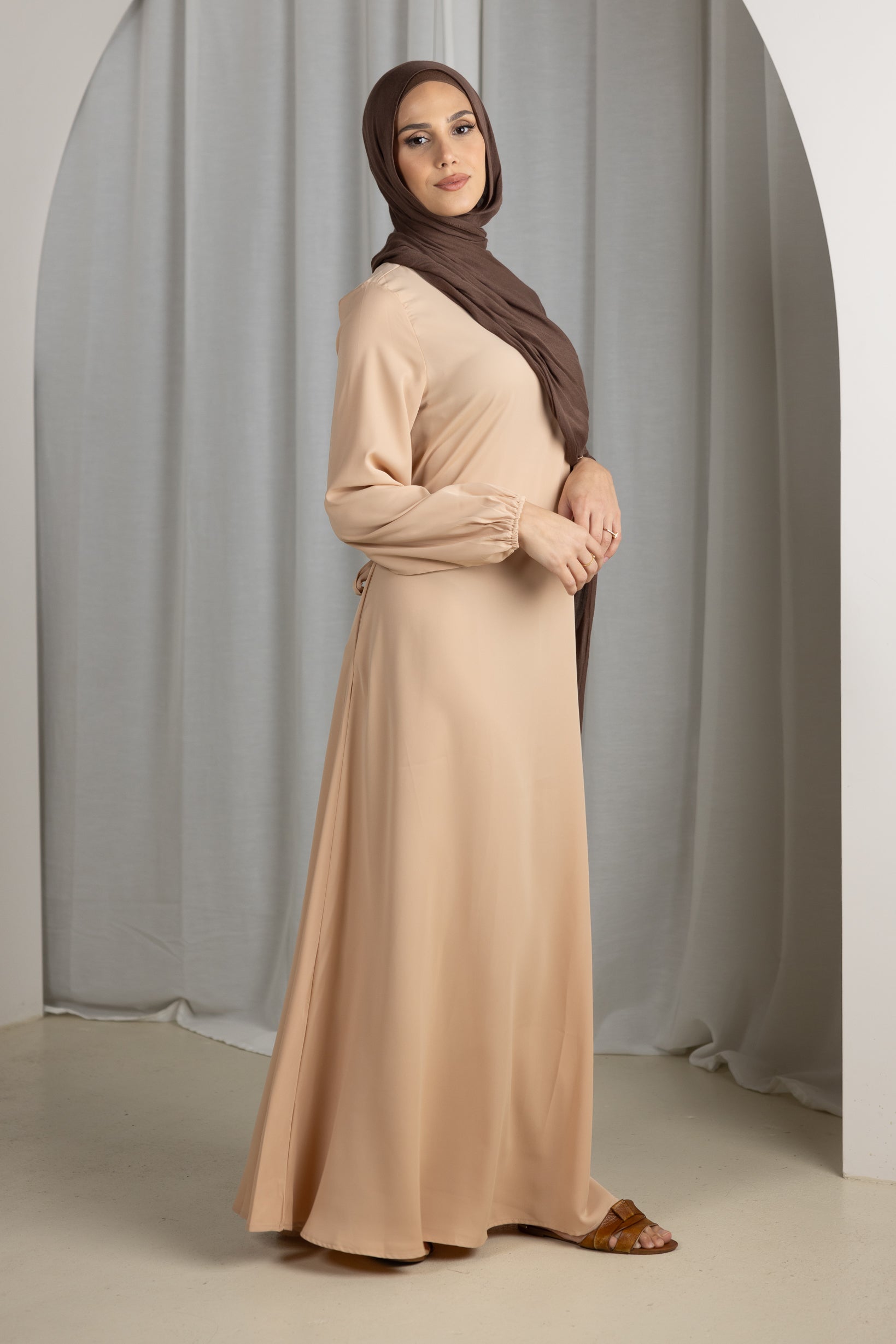 Elegant Closed Sleeve Abaya Dress in Nude Shades - Modest Muslim Fashion for Prayer, Special Occasions & Everyday Wear