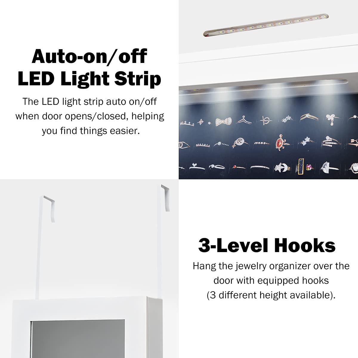 AUGESTER 12 LED Jewelry Cabinet Organizer - Wall/Door Mounted Jewelry Armoire with Full Length Mirror, Ring & Earring Slots, Necklace Hooks & 5 Storage Shelves - Large Capacity White Jewelry Storage (Perfect for Bedroom, Closet & Dressing Room Organization)