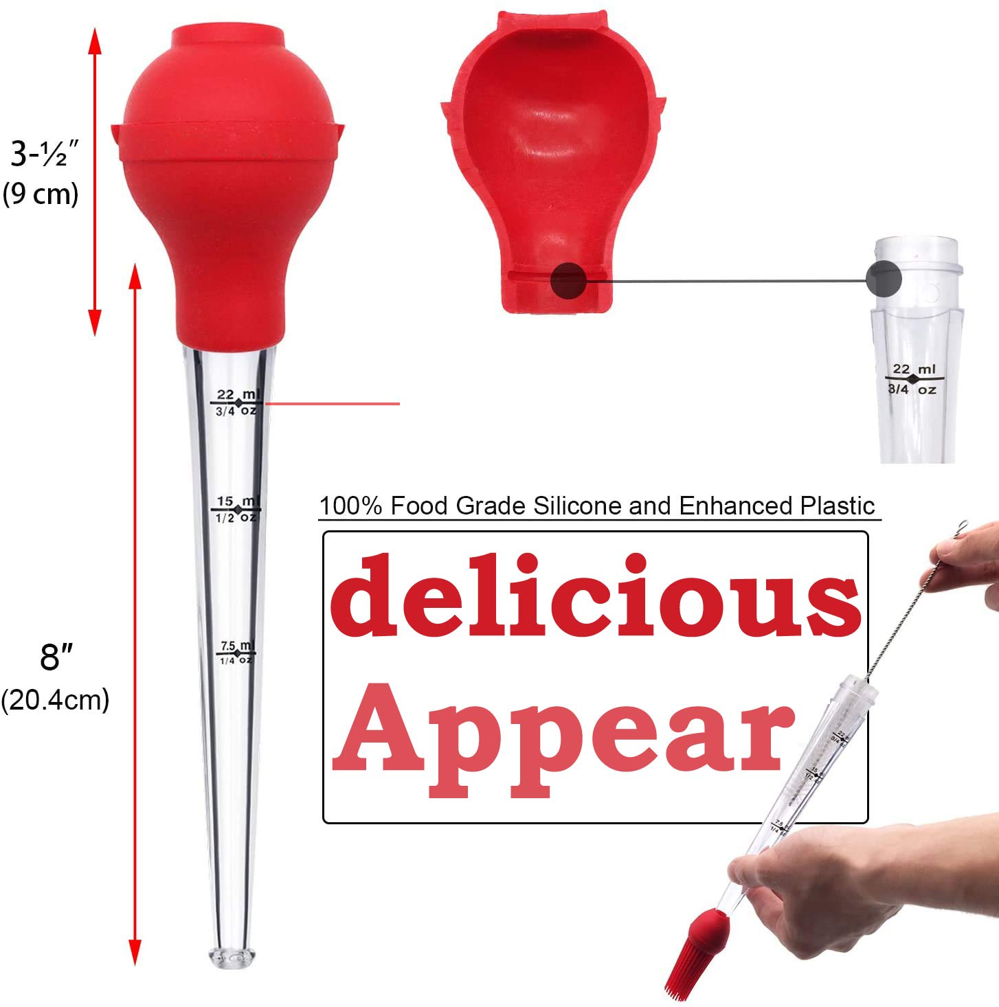 Premium Turkey Baster Set of 4 - Commercial-Grade FDA Silicone Bulbs with Marinating Needles, BBQ Brushes & Cleaning Brushes - Dishwasher Safe & Reusable for Thanksgiving, Grilling & Kitchen Prep