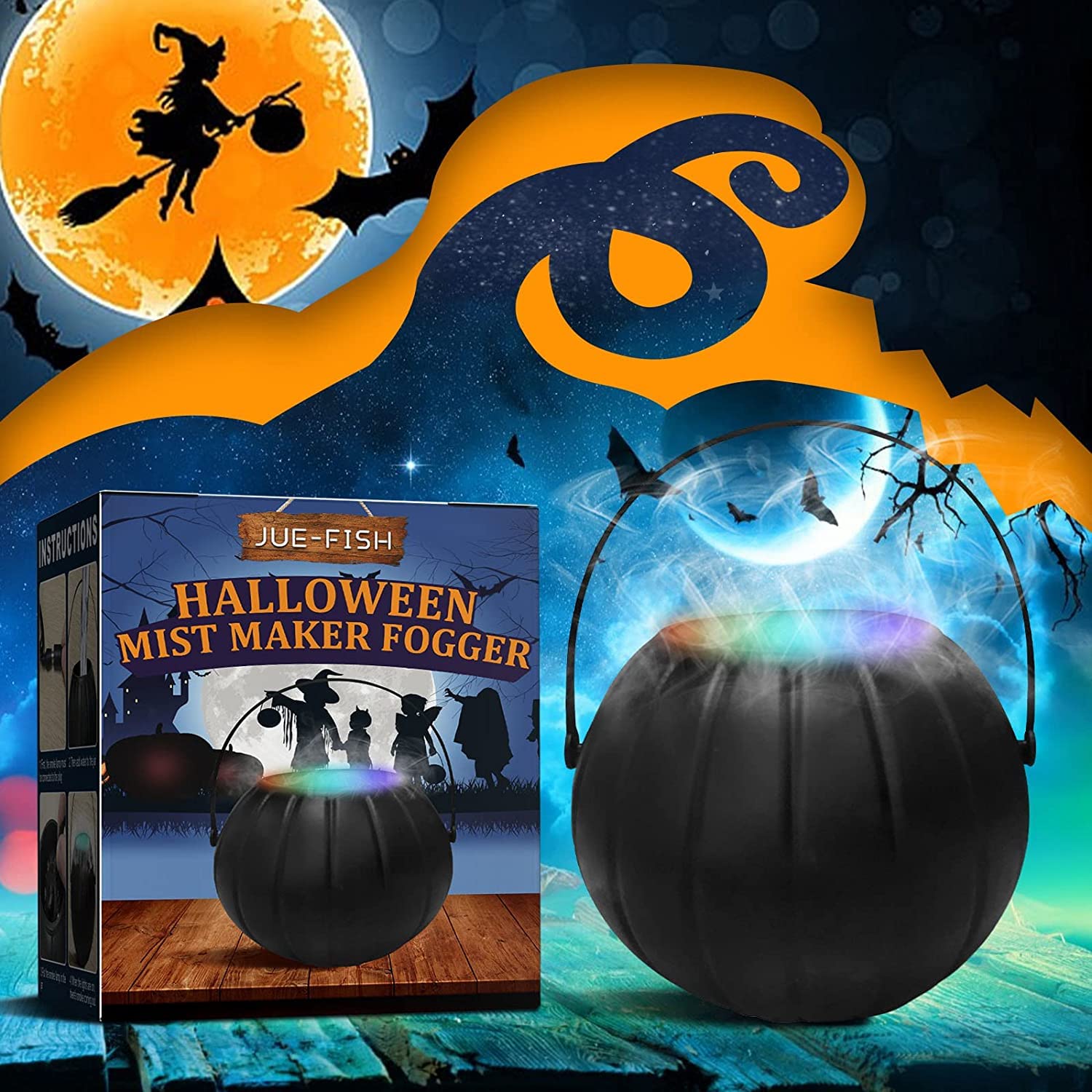 TGSEJTO Halloween Witch Cauldron with LED Color Changing Fogger - Black Witch Jar Atomizer Lamp & Punch Bowl with Mist Maker - Perfect for Halloween Party Decor, Haunted House Props & Spooky Themed Events
