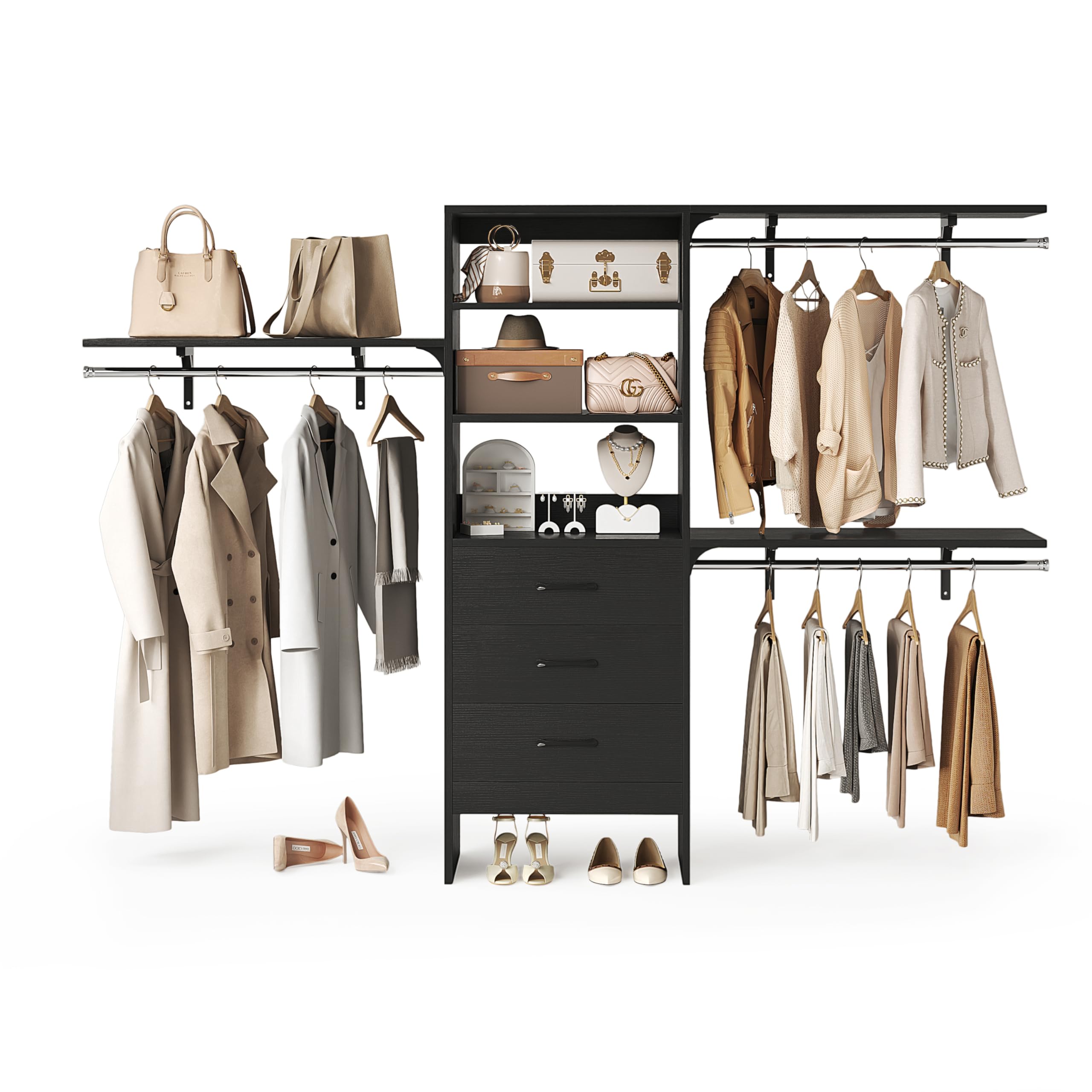 96 Inch Heavy Duty Walk-In Closet Organizer System - 8FT Closet with 3 Adjustable Shelves, 3 Hanging Rods & 3 Drawers - Built-In Garment Rack Supports 1000LBS (96