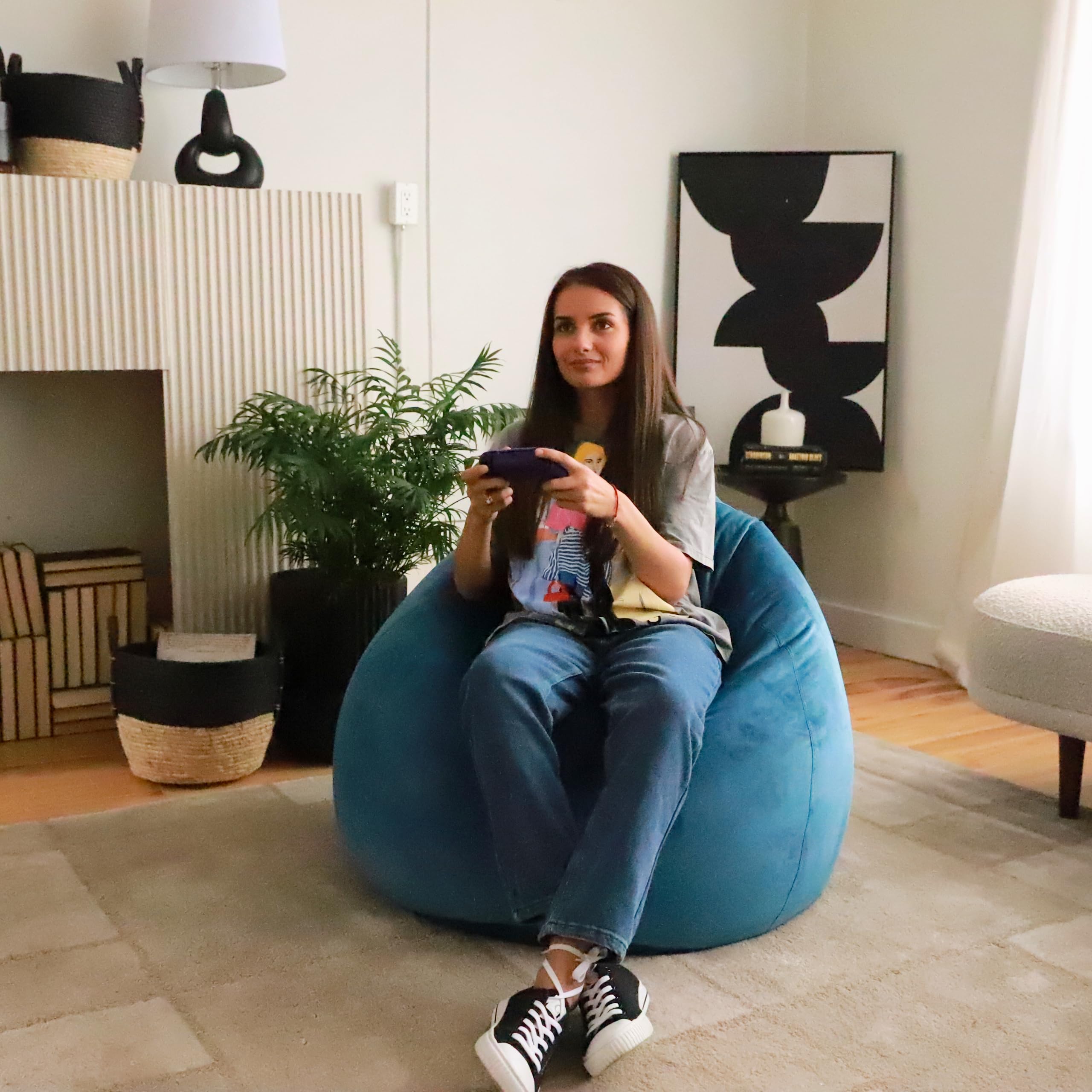 Ultra Soft Velvet Blue Dojo Teardrop Bean Bag Chair for Adults & Teens - Giant Filled Bean Bag with Double Stitching & Easy Clean Fabric - Perfect for Gaming Rooms, Dorm Lounges & Cozy Home Decor