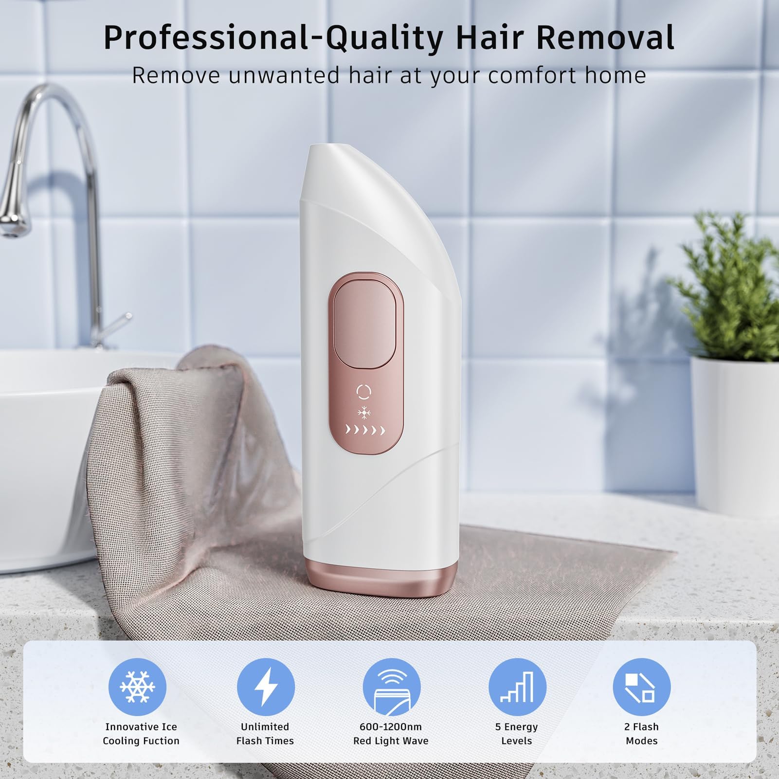 Professional IPL Laser Hair Removal Device for Women - 999,999 Flashes, Painless & Effective for Face, Legs, Arms & Whole Body (White-Rose Gold) | At-Home Hair Removal Solution for Smooth Skin