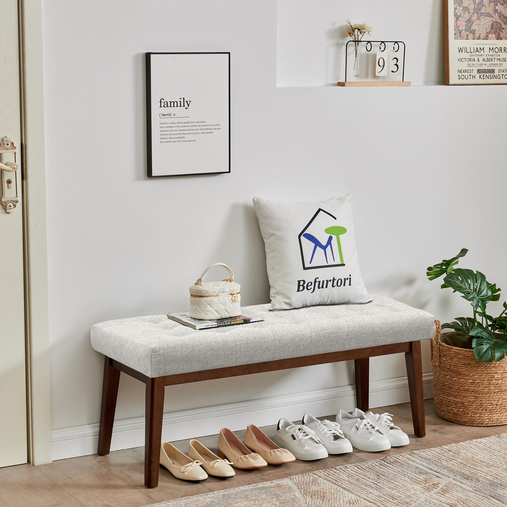 Linen Upholstered Bench with Solid Wood Legs - Button-Tufted Light Gray Bedroom Bench, Living Room Entryway Seat, Dining Room Bench - Perfect for Bed End, Hallway Decor & Cozy Seating