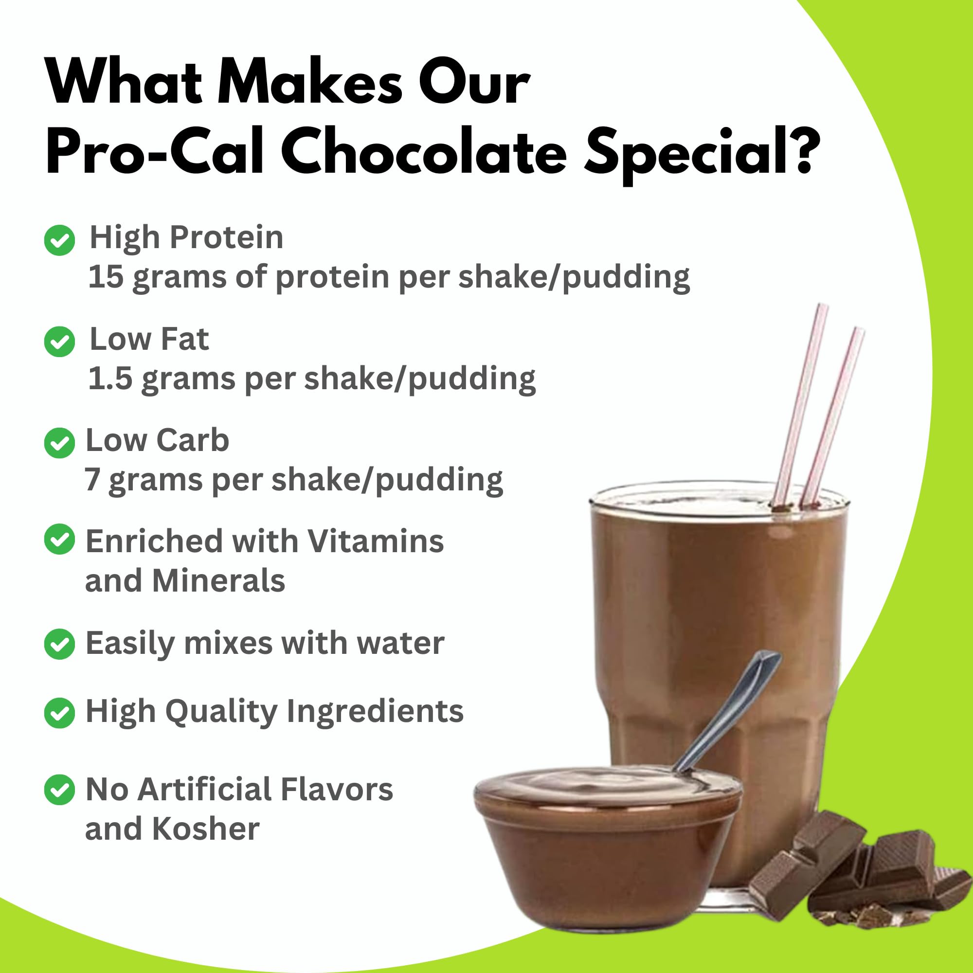 Pro-Cal Chocolate Protein Drink Mix - High Protein, Low Calorie Shake & Pudding Mix (15g Protein) - Meal Replacement & Breakfast Boost - 7 On-the-Go Packets - Perfect for Gym, Workout Recovery & Busy Mornings