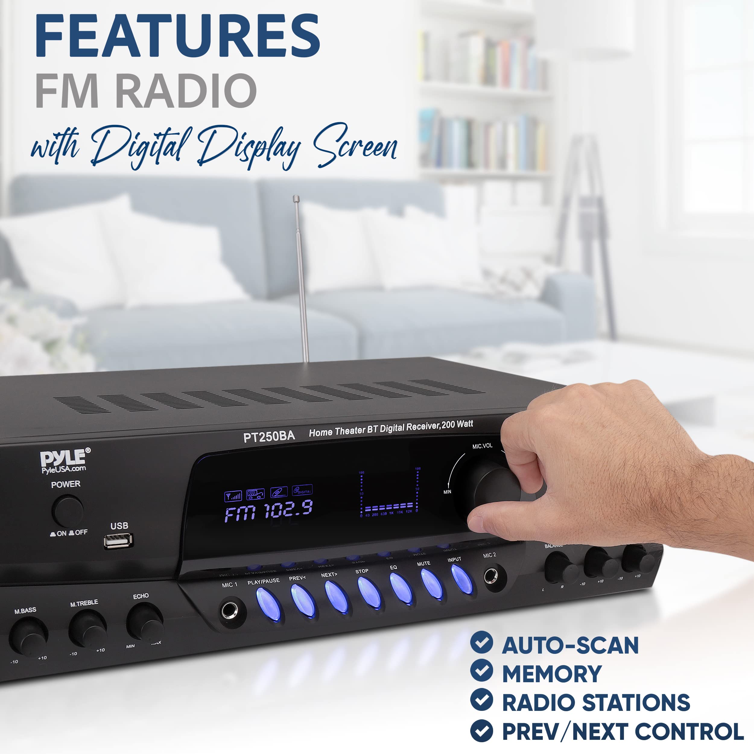 Pyle Wireless Bluetooth Power Amplifier System - 200 Watt Max Home Theater Audio Stereo Receiver with FM/USB, Mic Input, RCA, Echo & EQ Control - Perfect for Karaoke, DJ Parties, and Home Entertainment Systems