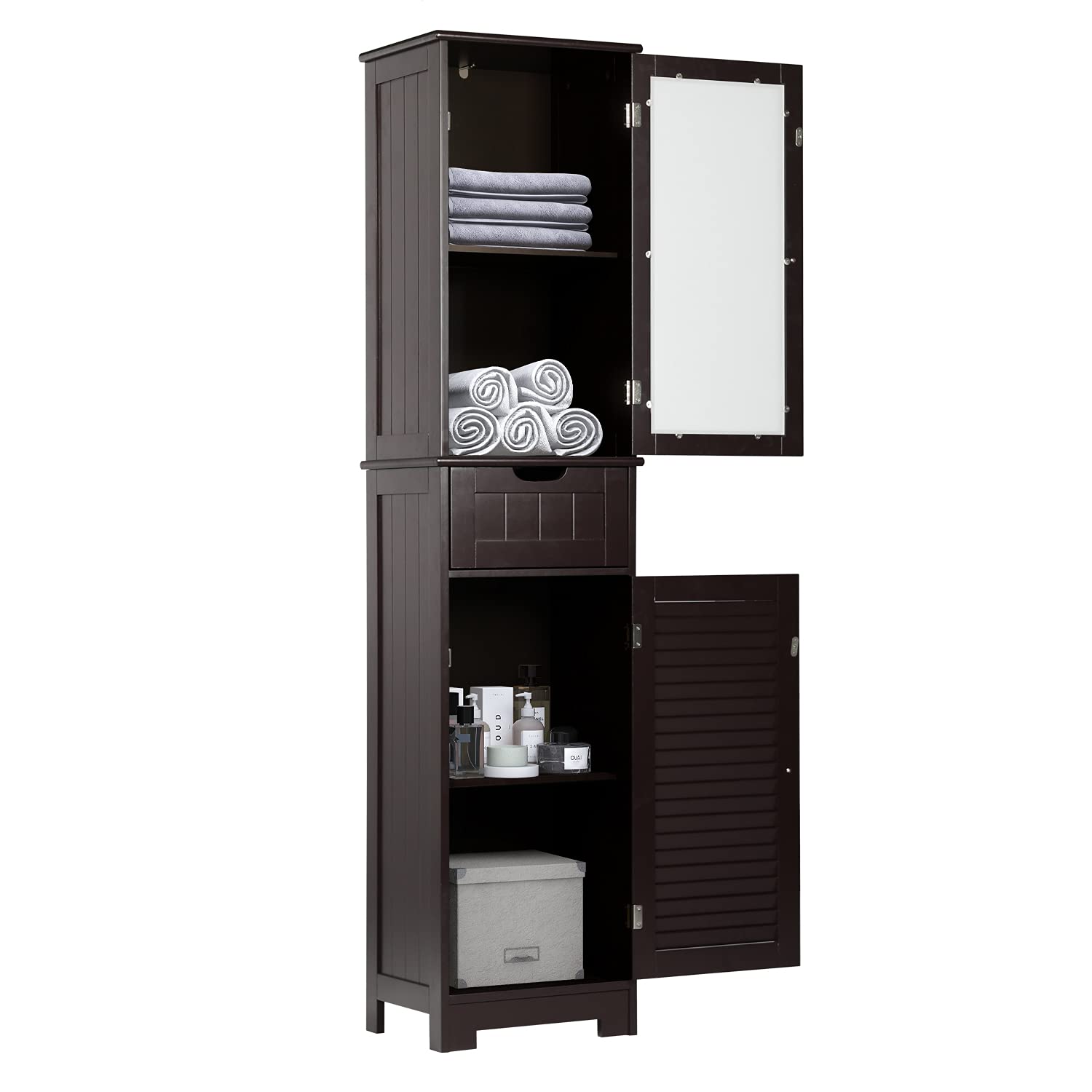 Freestanding Wooden Bathroom Storage Cabinet with Glass Shutter Doors & Adjustable Shelves - Tall Linen Organizer for Bathroom, Bedroom or Laundry Room (Dark Brown) - Perfect for Towels, Toiletries & Home Organization