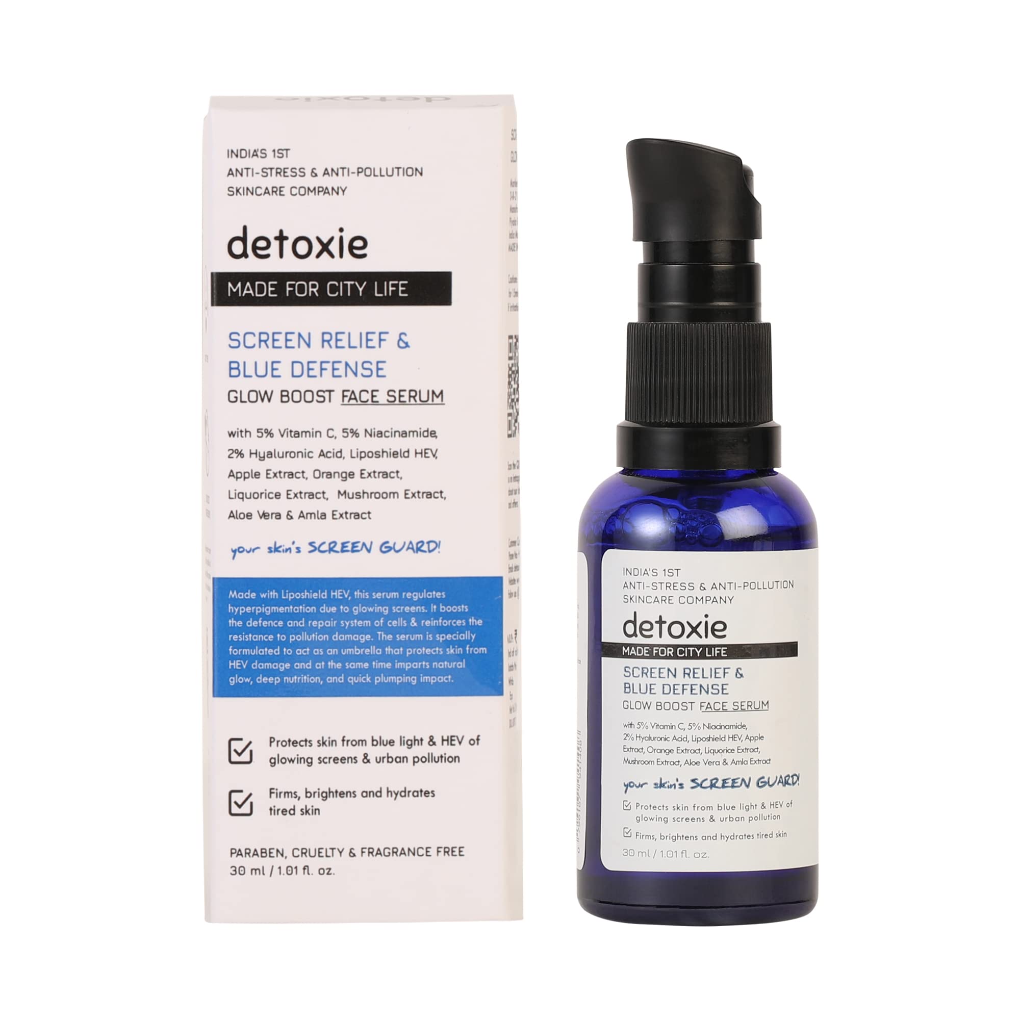 Detoxie 5% Vitamin C Serum with 0.5% Liposhield & 5% Niacinamide | Blue Light Protection, Brightens Skin, Reduces Dark Spots & Hydrates | 2% Hyaluronic Acid & Ayurvedic Formula | For All Skin Types | 30ml | Perfect for Daily Skincare & Anti-Aging Routine