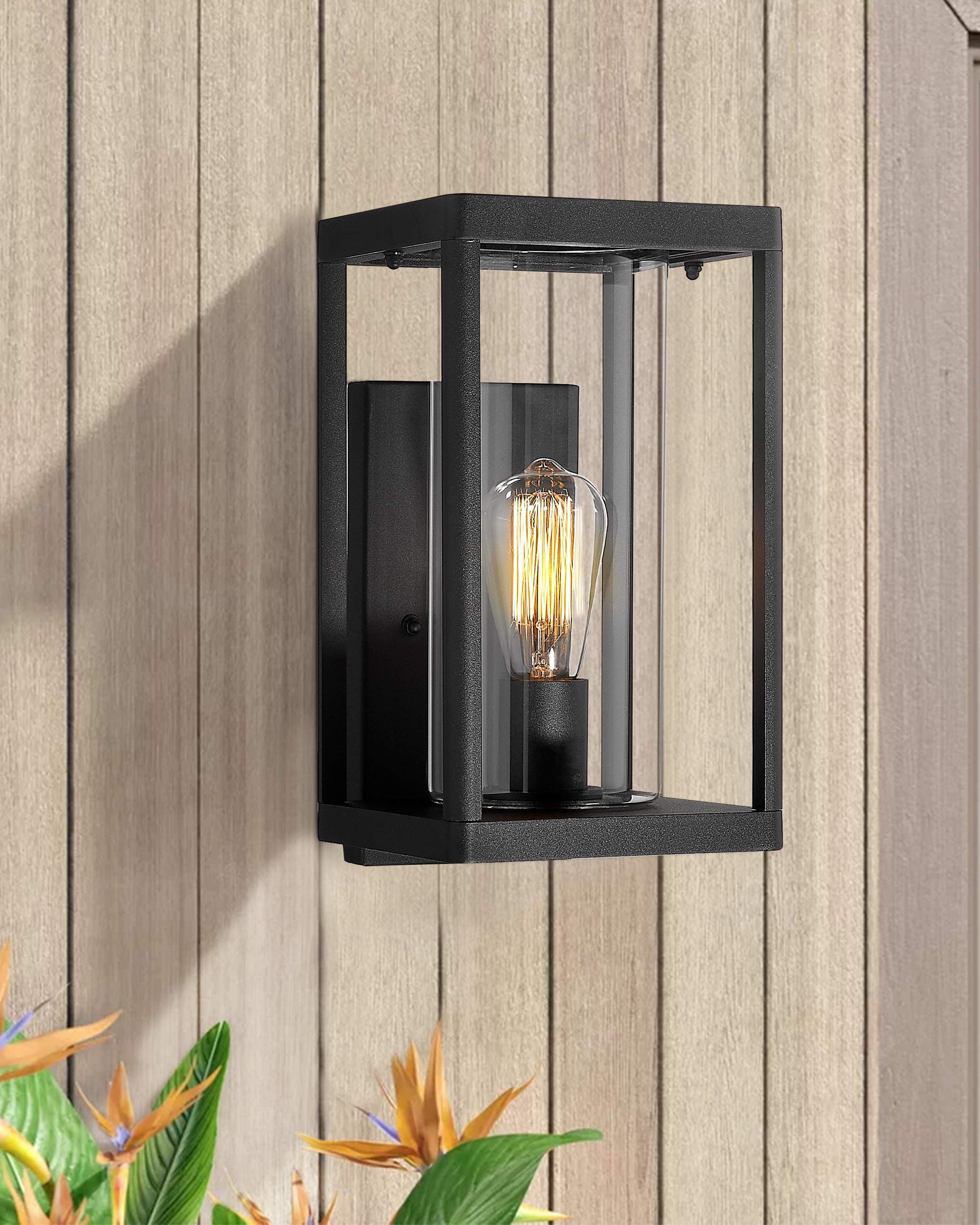 Beionxii Outdoor Wall Lights - Dusk to Dawn Sensor, Modern Exterior Wall Sconces for Porch & Patio, Black Cast Aluminum with Clear Cylinder Glass (2-Pack) - Perfect for Entryway, Garden & Backyard Lighting