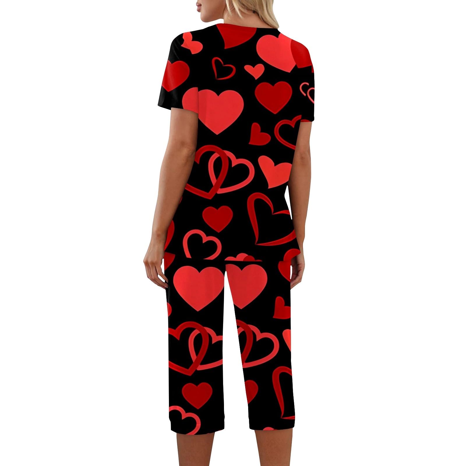 Valentine's Day Pajamas for Women - Cute Heart Print Sleepwear Set, Short Sleeve Top & Pants, 2-Piece Lounge Outfit | Perfect for Valentine's Gifts, Anniversary, Romantic Nights & Cozy Sleepwear