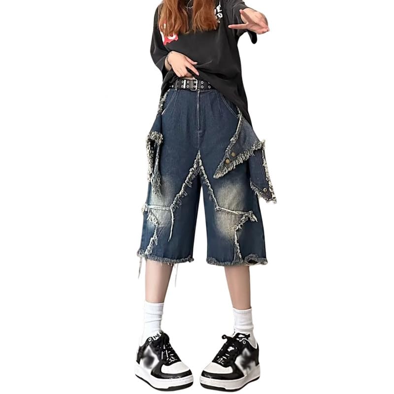 Y2K Baggy Jean Shorts for Women & Men - Distressed Denim Jorts with Star Design | Aesthetic Grunge Summer Shorts for Casual Outfits, Music Festivals & Streetwear Looks
