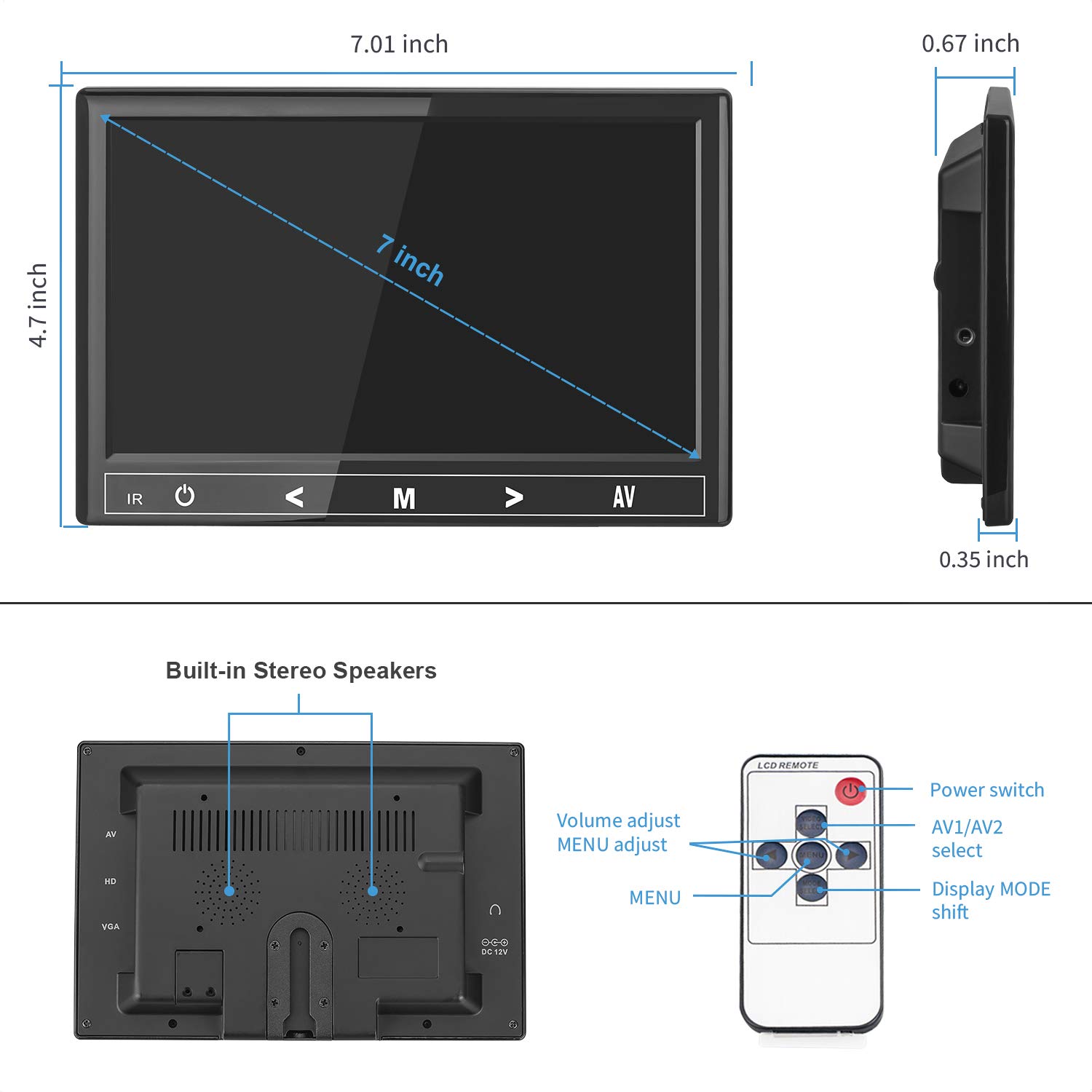 7 Inch Mini Monitor with 1024x600 IPS Display, HDMI & VGA Inputs, Built-in Speakers & Earphone Jack, Remote Control for PC, CCTV, Raspberry Pi, Security Camera, Gaming, and Home Office Use