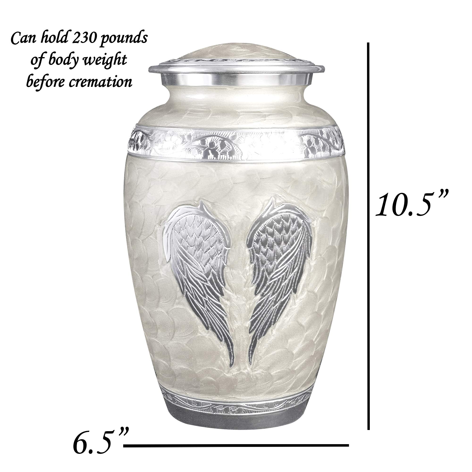 White Angel Wings Funeral Cremation Urn with Matching Keepsake Velvet Bags - Personalized Memorial Urn for Ashes (Pearl White, Large) - Perfect for Funeral Services, Memorial Displays & Home Keepsakes