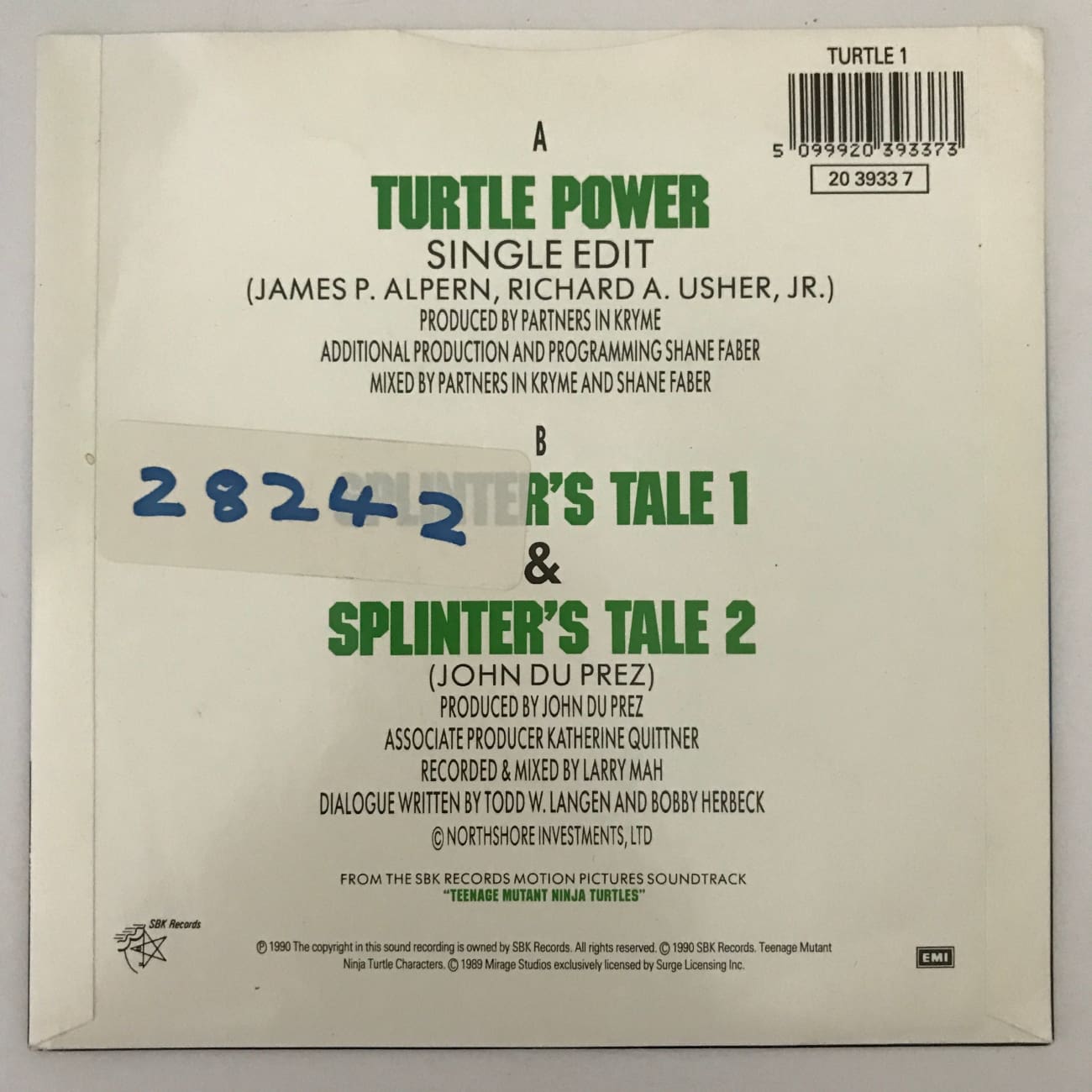 Partners In Kryme Turtle Power 45 RPM Vinyl Record - UK Import (TURTLE1 EXC 1990) - Perfect for TMNT Collectors & Retro Music Lovers