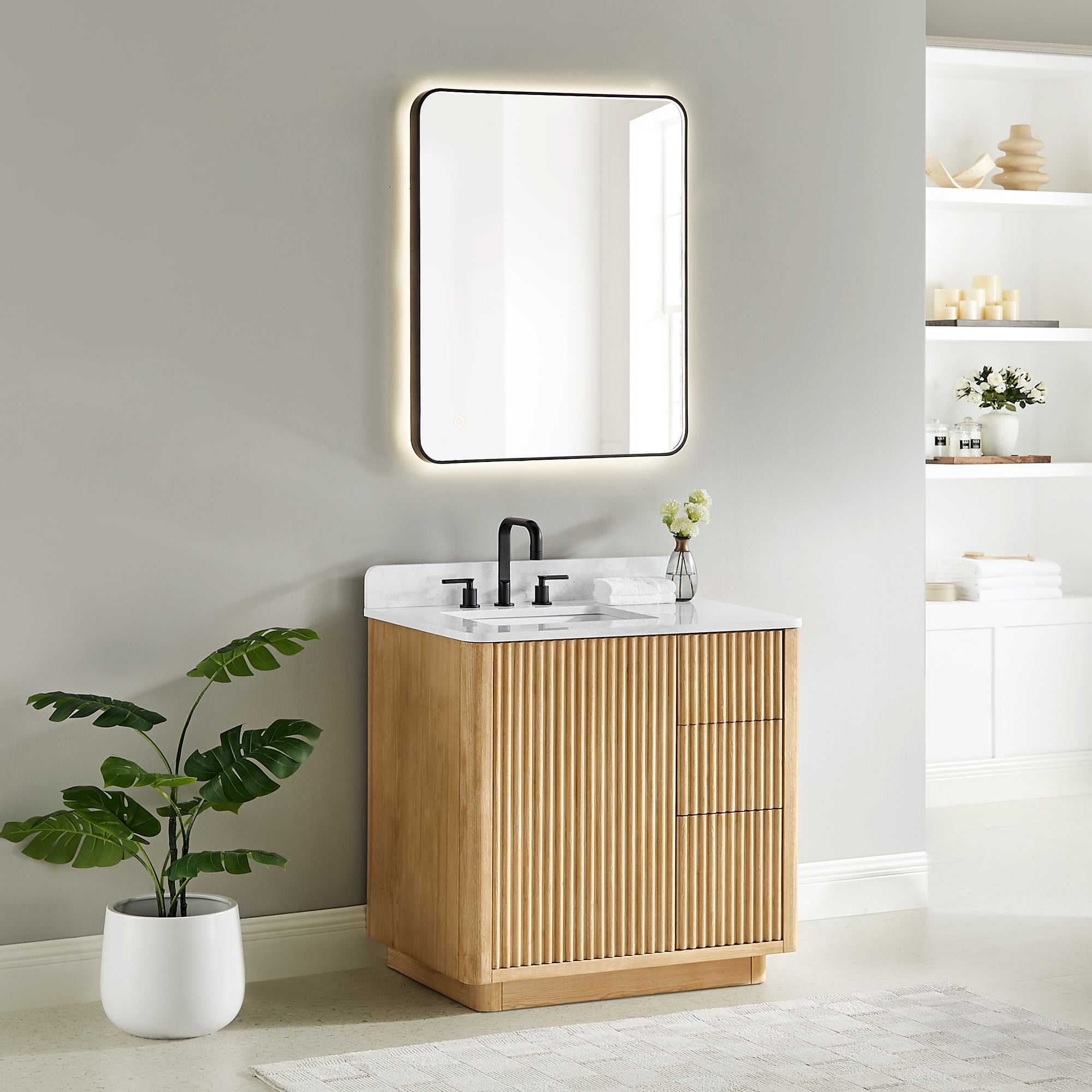 Clayton 36 Inch Single Bathroom Vanity with Washed Light Brown Finish & White Engineered Stone Countertop - Modern Farmhouse Style for Small Bathrooms & Powder Rooms