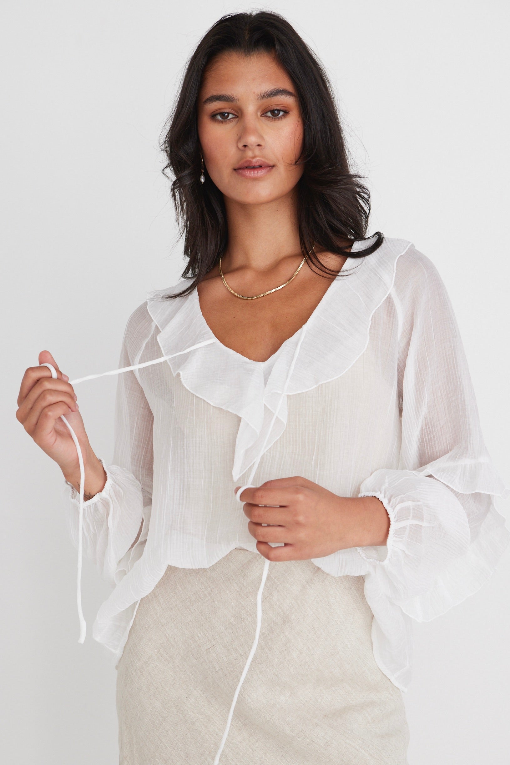 Ivory Sheer Frill Front Top for Women - Elegant Daily Wear Blouse for Casual Outings & Office Attire