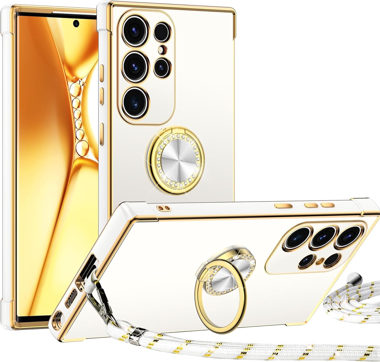 Premium Luxury Electroplated Samsung Galaxy S24 Ultra Case with Ring Holder & Lanyard - Shockproof Soft Protective Phone Cover for Women (White) - Perfect for Work, Travel and Everyday Use