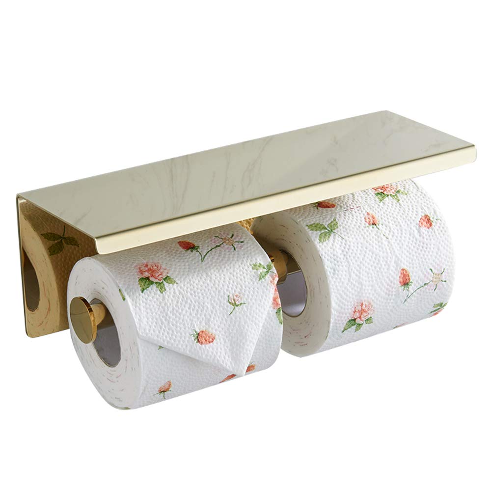 SUNTAI Double Toilet Paper Holder with Phone Shelf - 304 Stainless Steel Modern Bathroom Tissue Roll Holder - Wall Mounted Gold - Perfect for Small Bathrooms, Powder Rooms & Luxury Home Decor