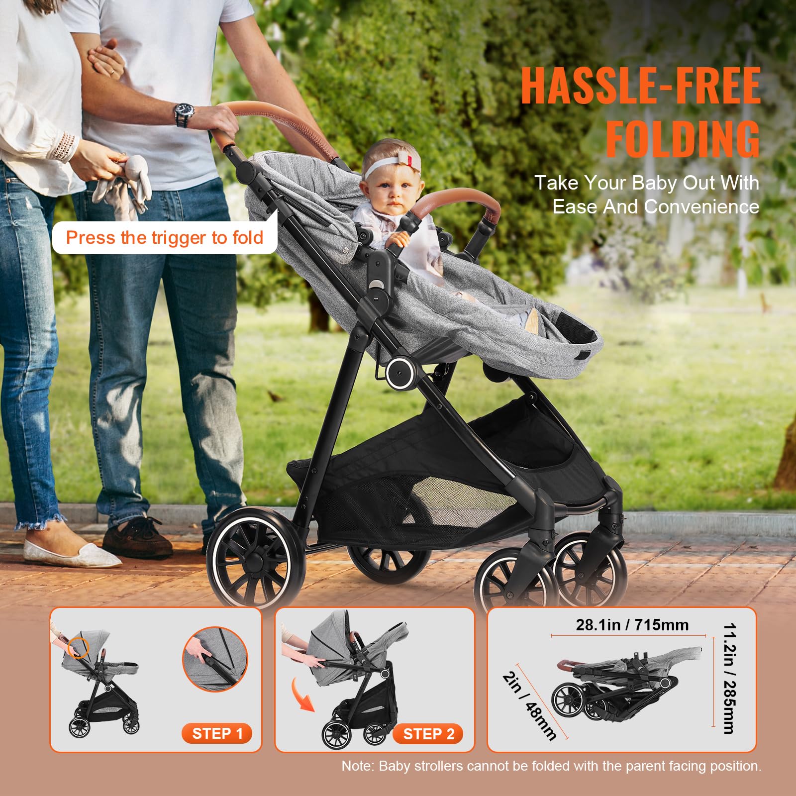 VEVOR 3-in-1 Baby Stroller with Bassinet | Adjustable Reversible Seat & Foldable Design | Carbon Steel Frame with Leg Cover & Mesh Net | Perfect for Newborns to Toddlers | Ideal for Shopping, Travel & Daily Walks (Dark Grey)