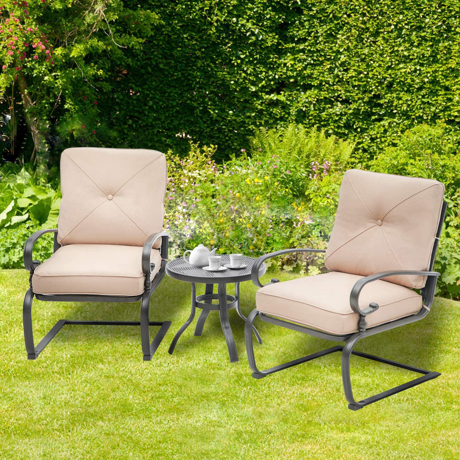 SUNCROWN 3-Piece Outdoor Patio Bistro Set with Spring Motion Chairs & Round Cafe Table - Steel Frame Conversation Furniture with Cushions (Brown) - Perfect for Garden, Balcony, and Backyard Relaxation