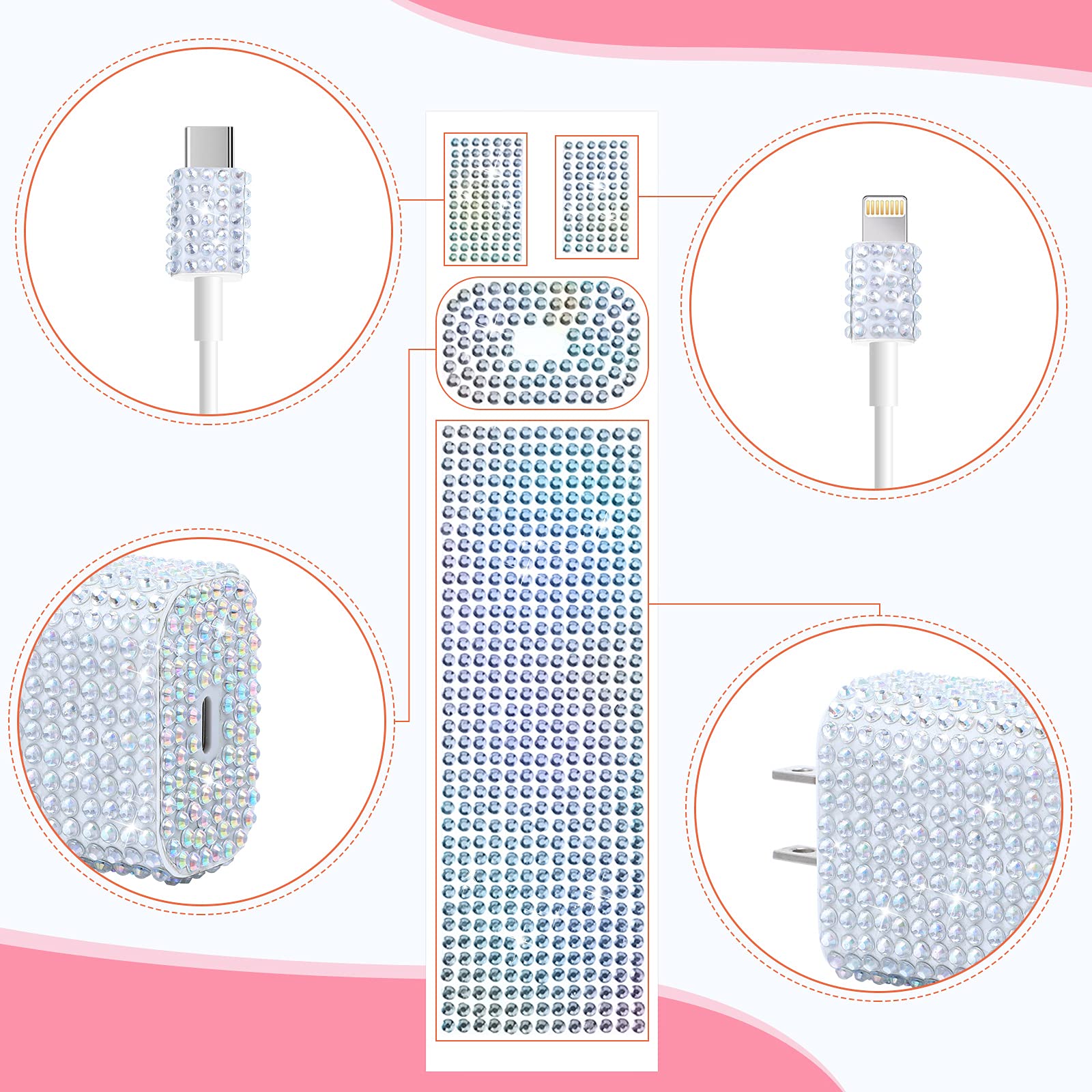 Outus 10PCS Rhinestone Wall Charger Stickers - Bling USB Charger Crystal Decor with Artificial Diamonds - Compatible with iPhone iPad Power Adapter - DIY Bedazzled Phone Accessories for Women - Perfect for Home Office & Gift Giving