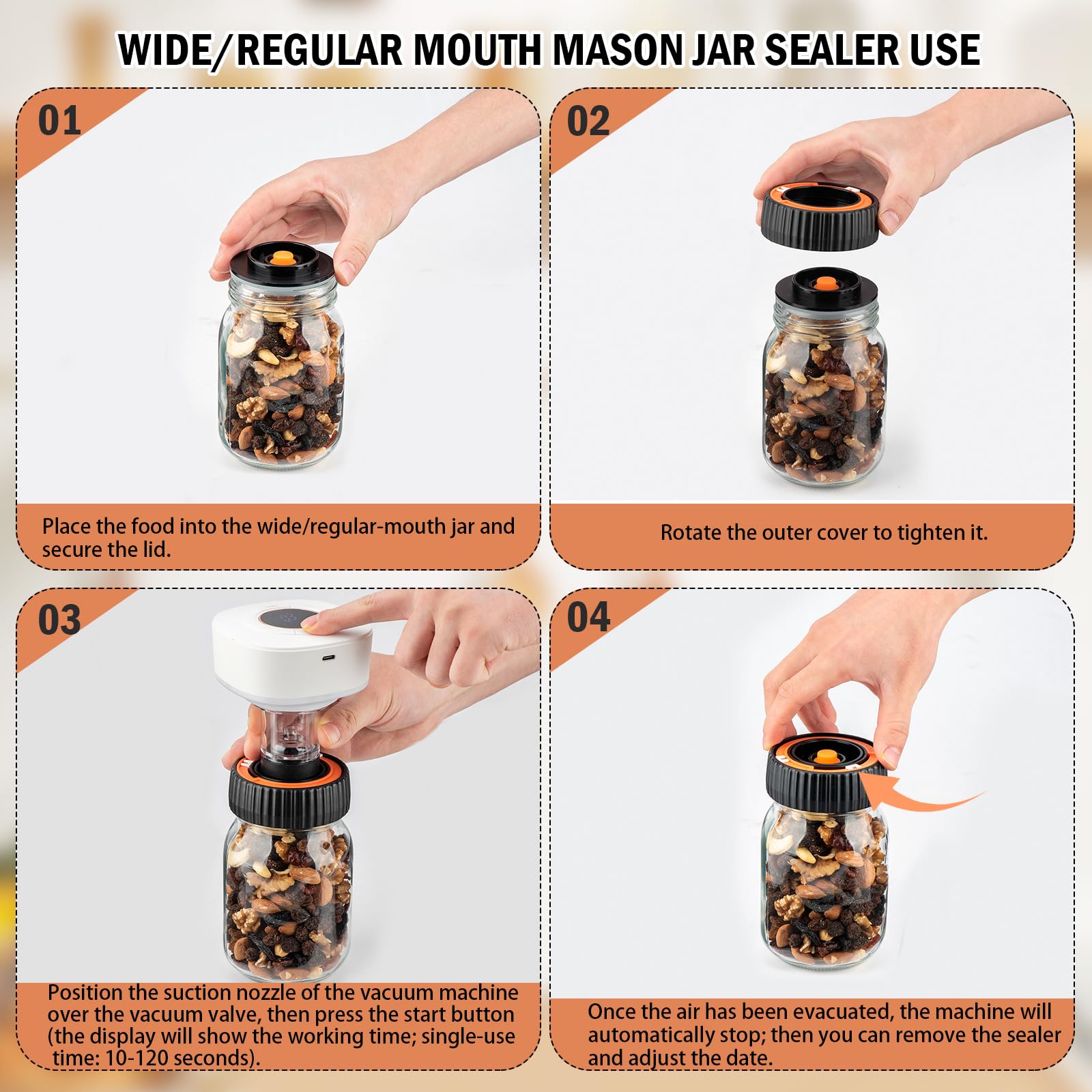 Electric Mason Jar Vacuum Sealer Kit - Wide & Regular Mouth Jar Sealer with 2 Reusable Lids | Automatic Food Preservation System for Freshness | Ideal for Meal Prep, Canning, Sous Vide & Long-Term Food Storage