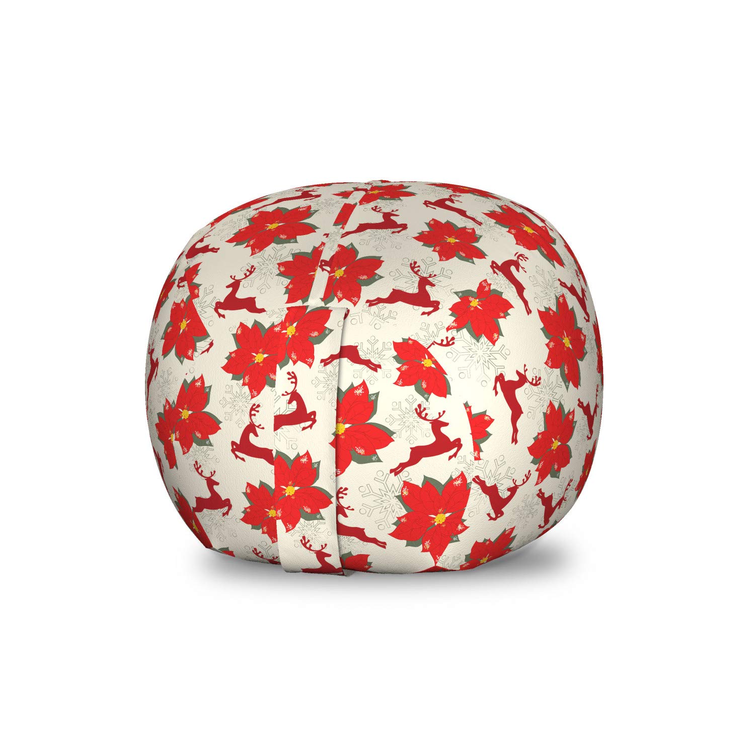 Ambesonne Christmas Toy Storage Bag Chair - Vibrant Poinsettia Flowers with Reindeer & Snowflake Design - Washable Stuffed Animal Organizer - Small Size Scarlet Ruby Beige - Perfect for Holiday Decor & Kids Room Organization