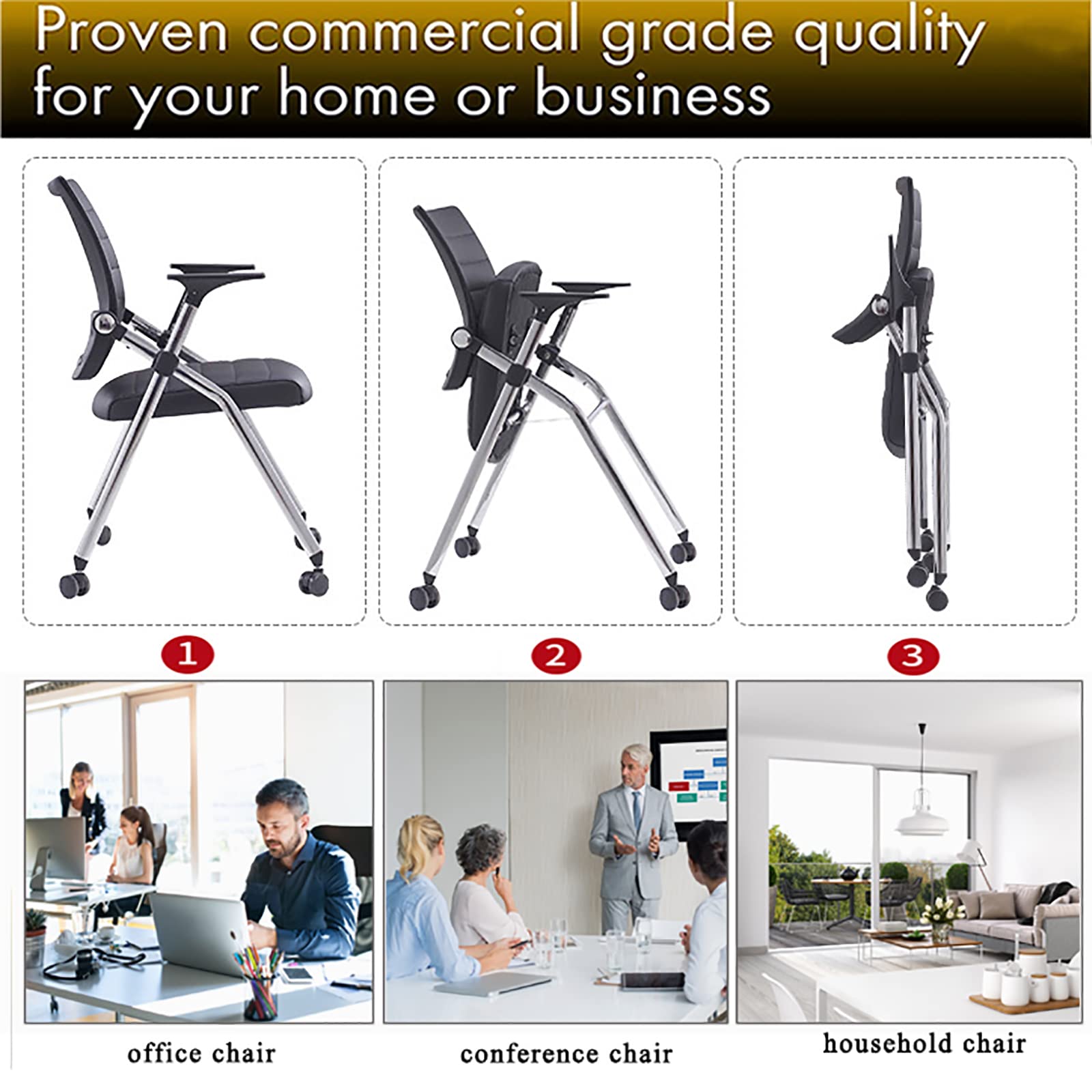 Ergonomic Folding Office Chair with Wheels & Arms - Adjustable Leather Padded Seat for Home & Workspace - Black - Perfect for Small Spaces, Guest Seating & Temporary Workstations