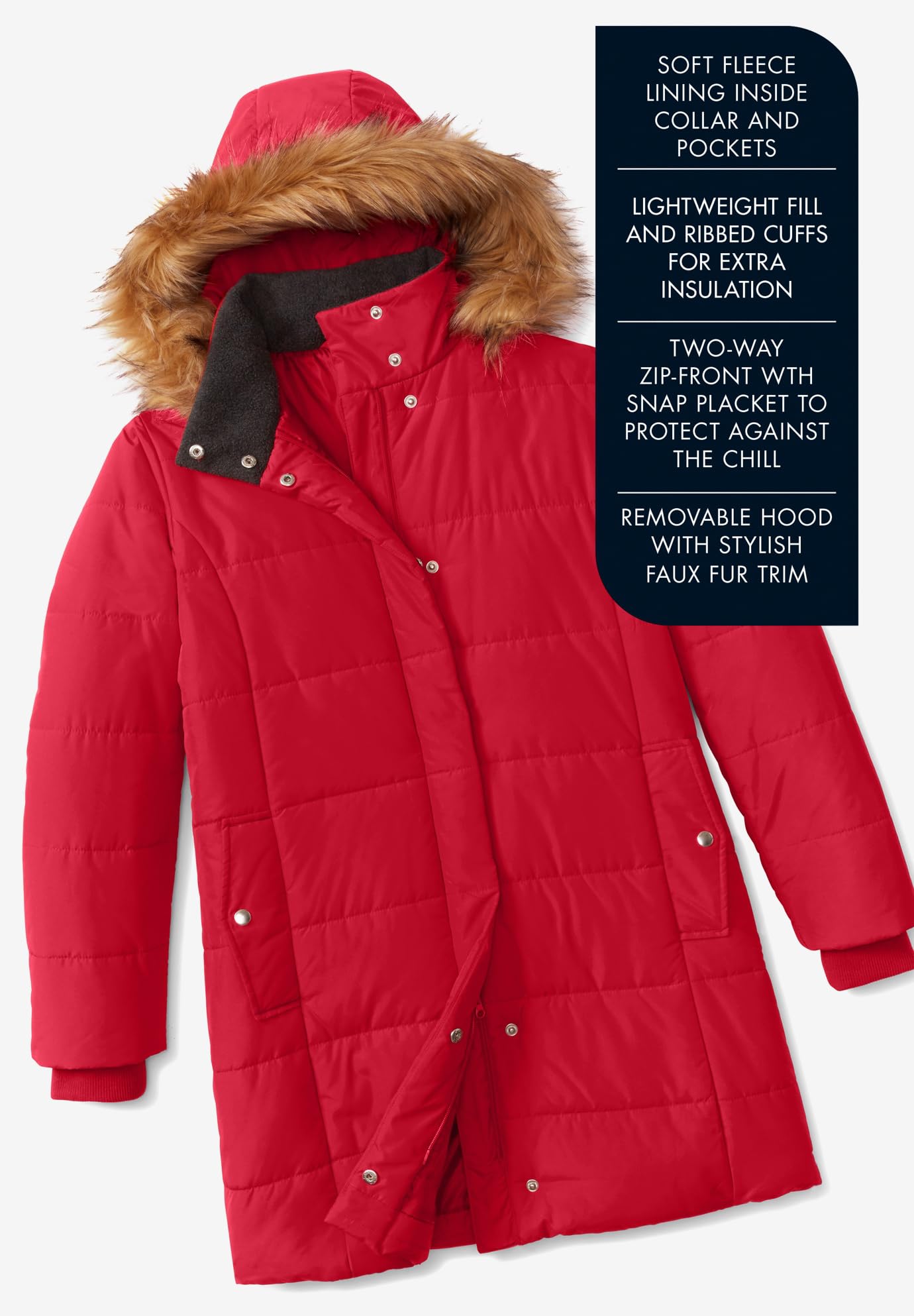 Roaman's Women's Plus Size Long Quilted Puffer Jacket - Warm Winter Coat for Cold Weather, Outdoor Activities & Casual Wear