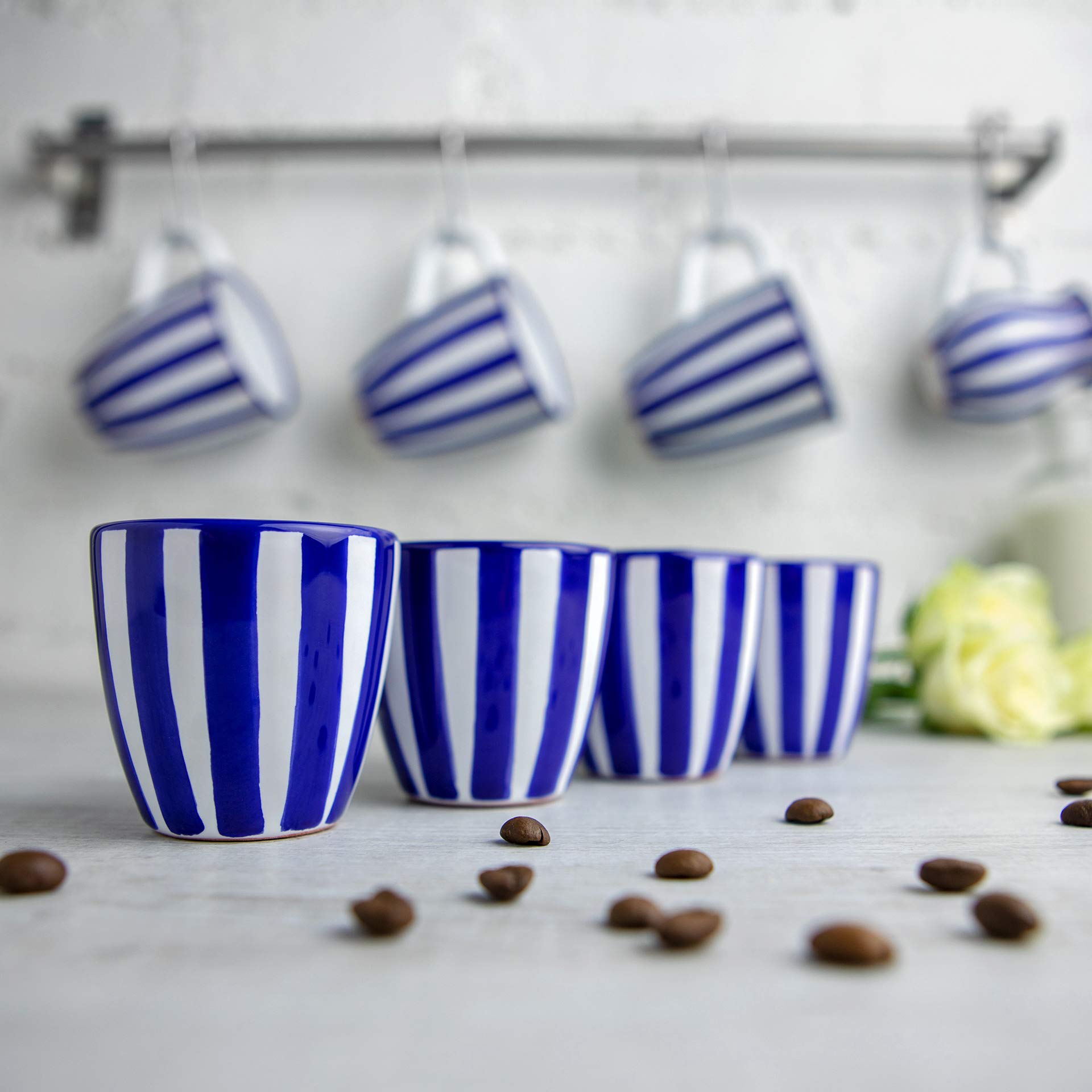 Handcrafted Navy Blue Stripe Ceramic Espresso Cups Set of 4 - Small Demitasse Mugs for Espresso Machines & Coffee Makers | Perfect for Home, Café & Coastal-Themed Kitchens