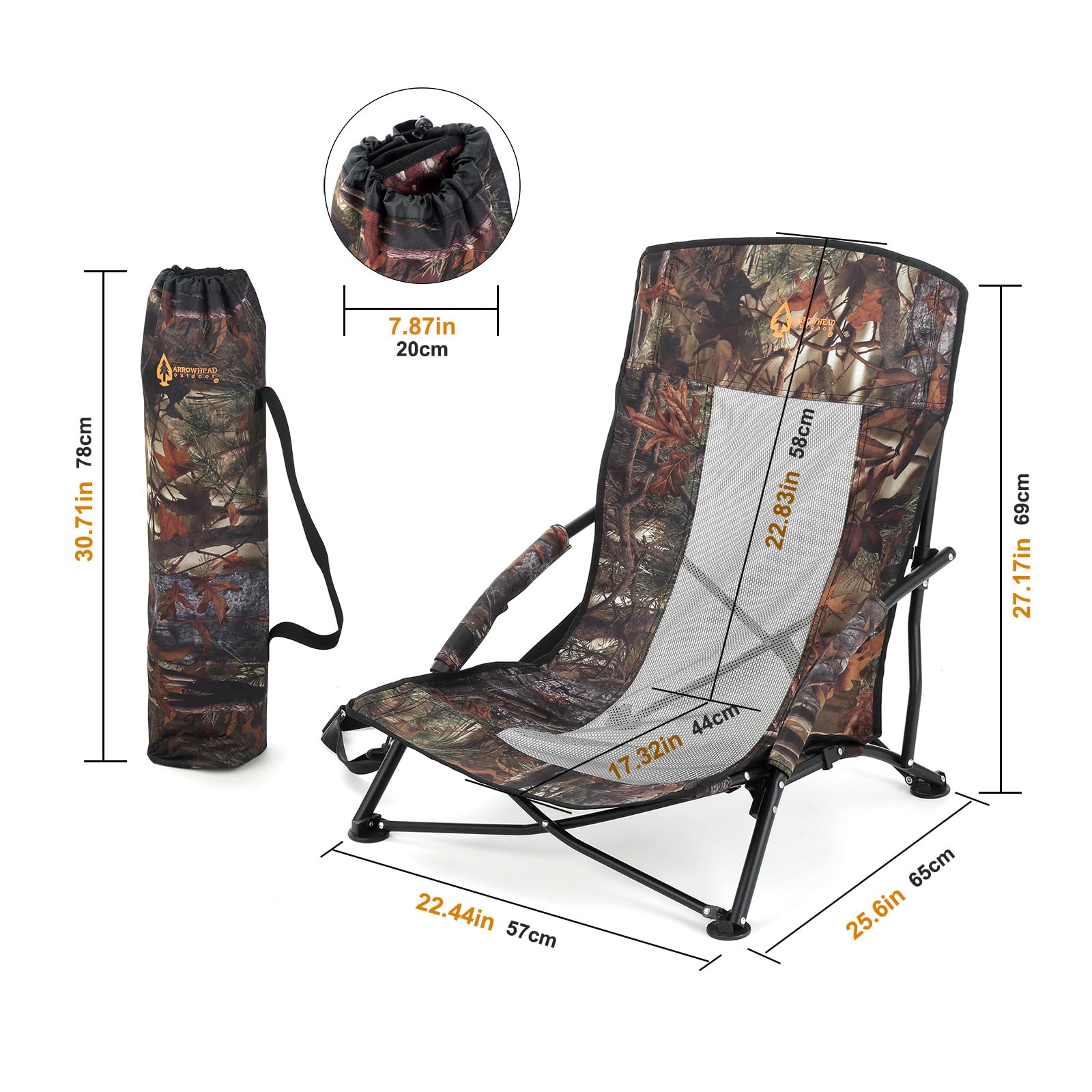 ARROWHEAD OUTDOOR Portable Folding Turkey Hunting Blind Chair - Camo Hunting Seat with Padded Armrests, No-Sink Feet & Shoulder Strap - Lightweight Mesh Seat for Comfort - Perfect for Turkey Hunting, Waterfowl & Outdoor Adventures