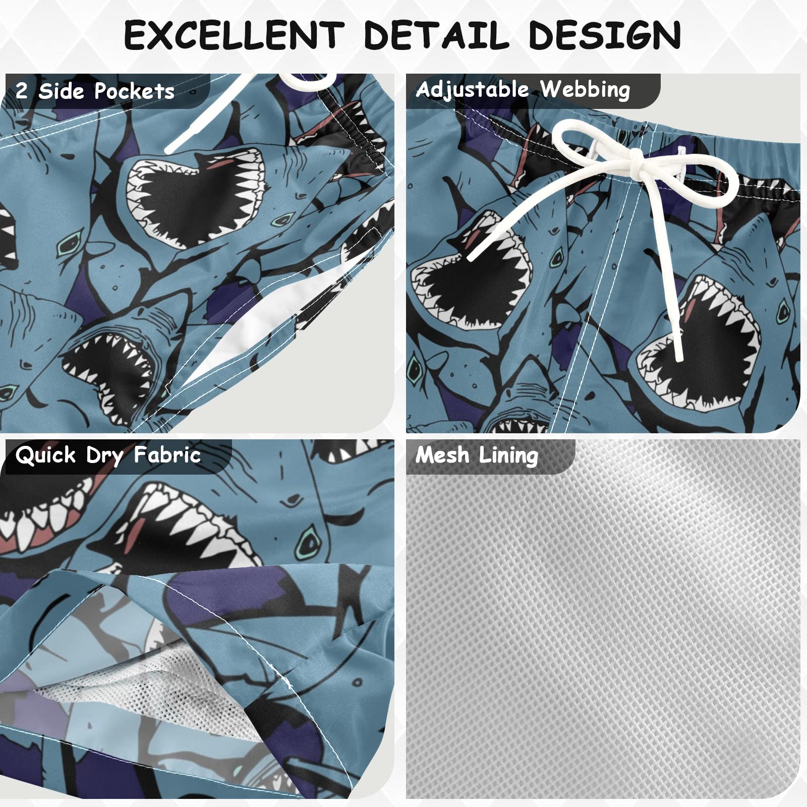 Visesunny Blue Shark Swim Trunks for Boys - Sharp Teeth Animal Print Toddler Bathing Suits & Kids Swimwear | Perfect for Beach, Pool & Summer Water Activities