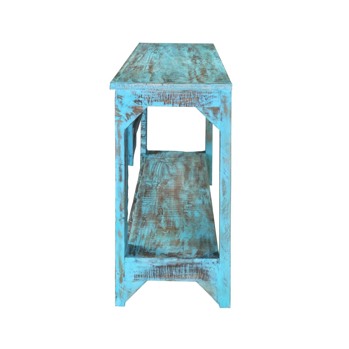 Hand Carved Solid Wood Hall Side Table - Rustic Blue Finish - Entryway, Living Room & Bedroom Accent Furniture