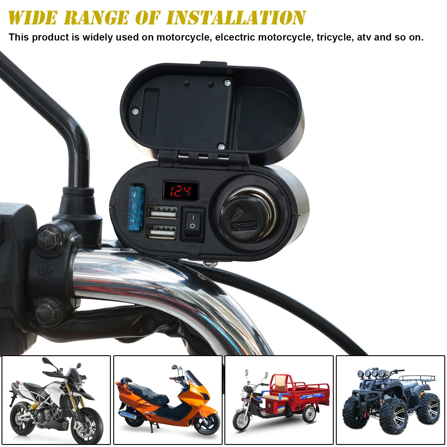 5V/3A Dual USB Charger Socket - Waterproof Motorcycle Handlebar & Rear View Mirror Mount - Cigarette Lighter Power Adapter with Voltmeter - Compatible with Phones, Tablets, GPS (Black) - Perfect for Long Rides & Outdoor Adventures