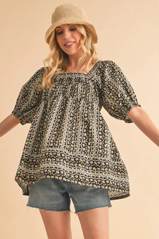 Floral Print Short Sleeve Babydoll Top for Women - Cute Summer Blouse for Casual Outings, Date Nights & Beach Vacations