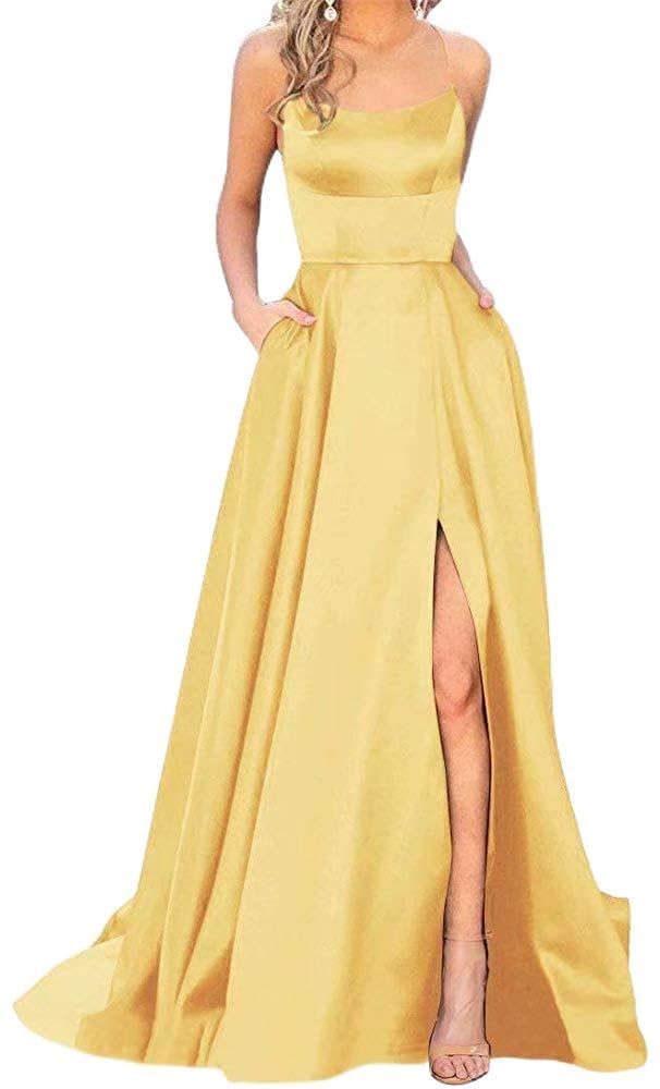 Elegant Yellow Halter Prom Dress for Women - Long Side Split, Backless Satin Formal Evening Gown with Pockets (Size 12) | Perfect for Homecoming, Prom Night & Special Occasions