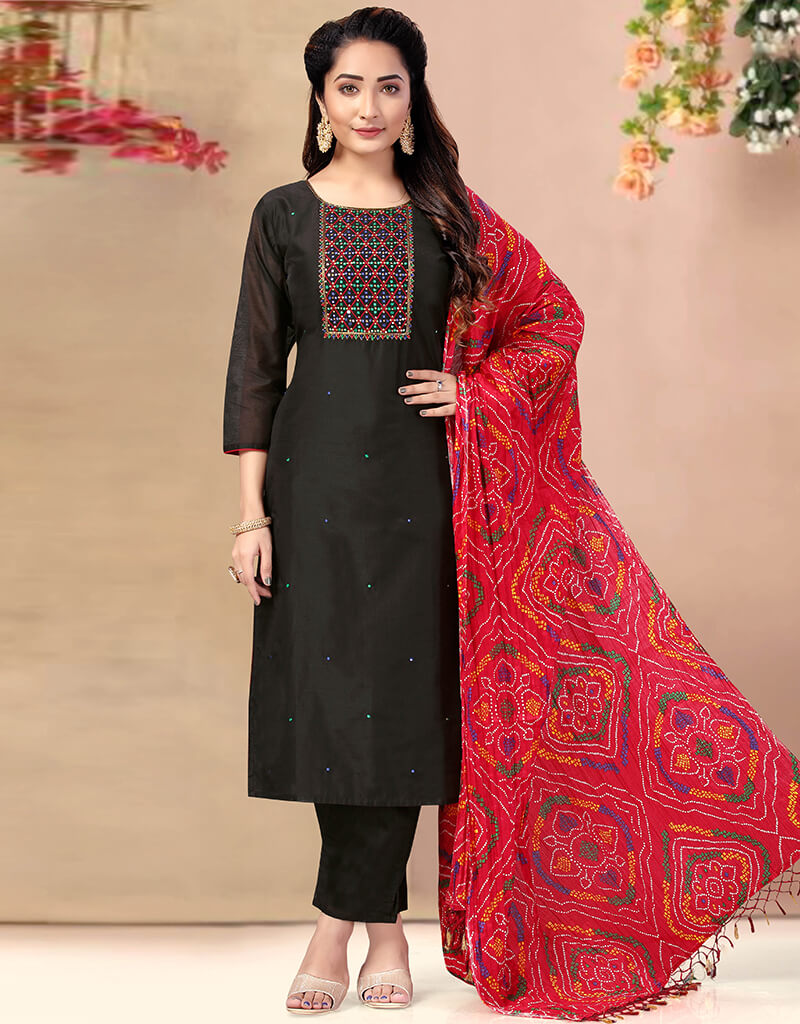 Elegant Black Chanderi Silk Pant Suit for Women - Premium Indian Ethnic Wear for Weddings, Parties & Festive Occasions