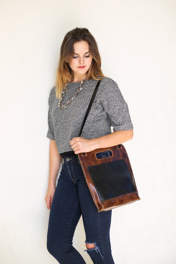 Premium Vegetable Tanned Leather Piper Crossbody Shoulder Bag & Tote - Black/Brown Two-Tone Design | Perfect for Work, Travel & Everyday Use