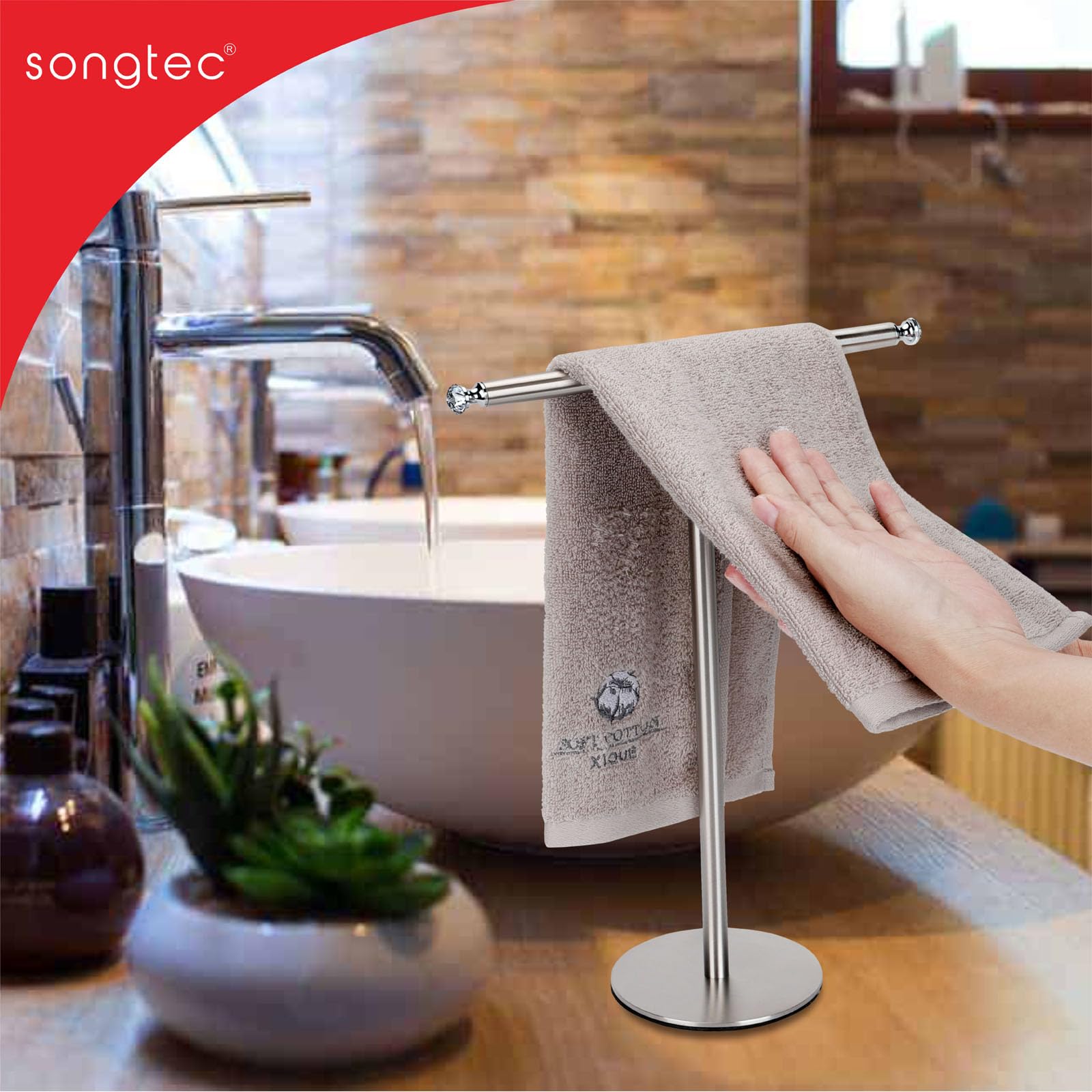 Songtec Hand Towel Holder Stand with Crystal Knobs - Rustproof Fingertip Towel Rack & Jewelry Display Stand in Brushed Nickel Finish - Perfect for Bathroom, Kitchen, and Vanity Organization