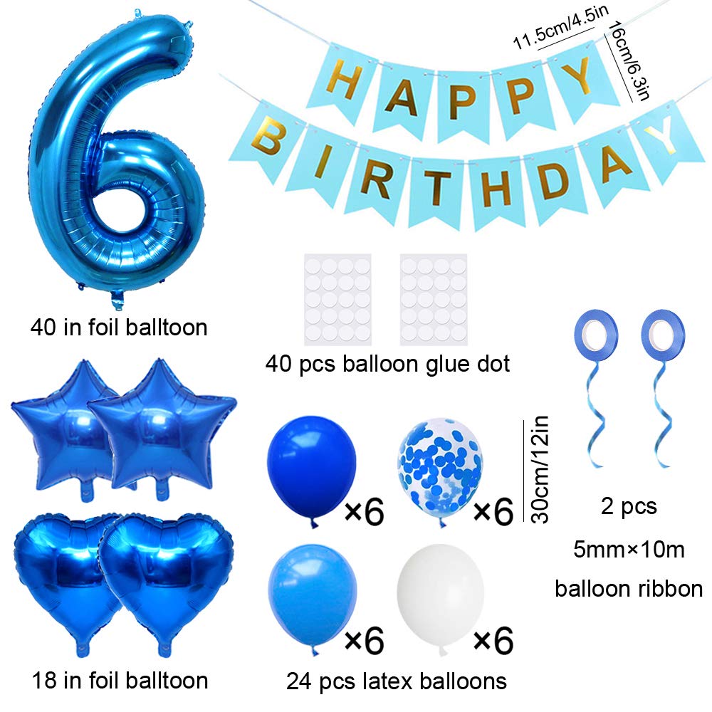 6th Birthday Party Decorations Kit - Blue Foil Balloons, Happy Birthday Banner, White & Blue Confetti & Star Balloons - Perfect for Girls & Boys Birthday Celebrations - Ideal for Home Parties, School Events & Birthday Photos