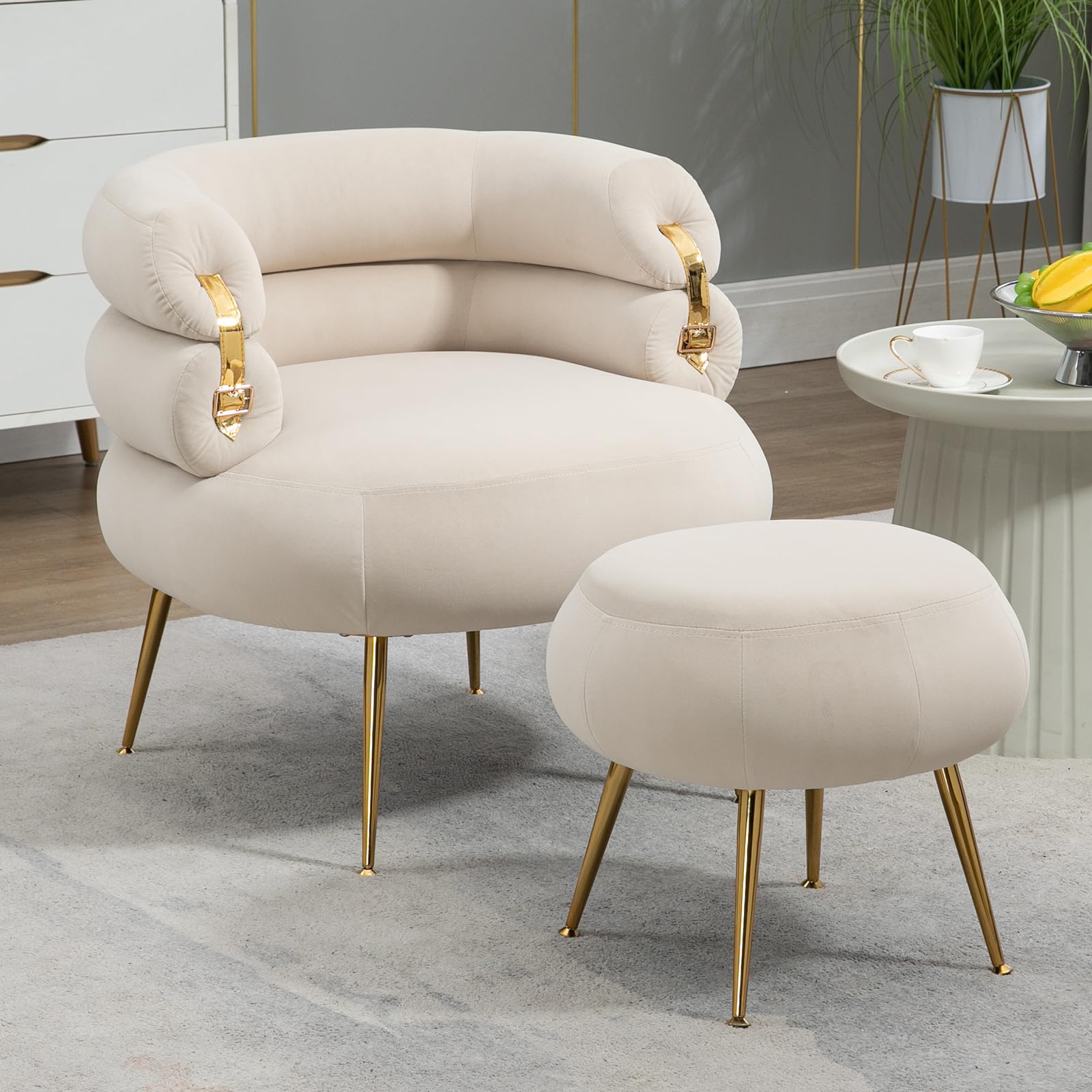 Luxury Velvet Accent Chair with Ottoman - Modern Barrel Chair with Gold Buckle & Wooden Legs, Round Sofa Chair for Living Room, Bedroom, Office | Plush Comfort with Footrest for Small Spaces (Velvet Beige) - Perfect for Reading Nook, Lounge Area & Home Decor