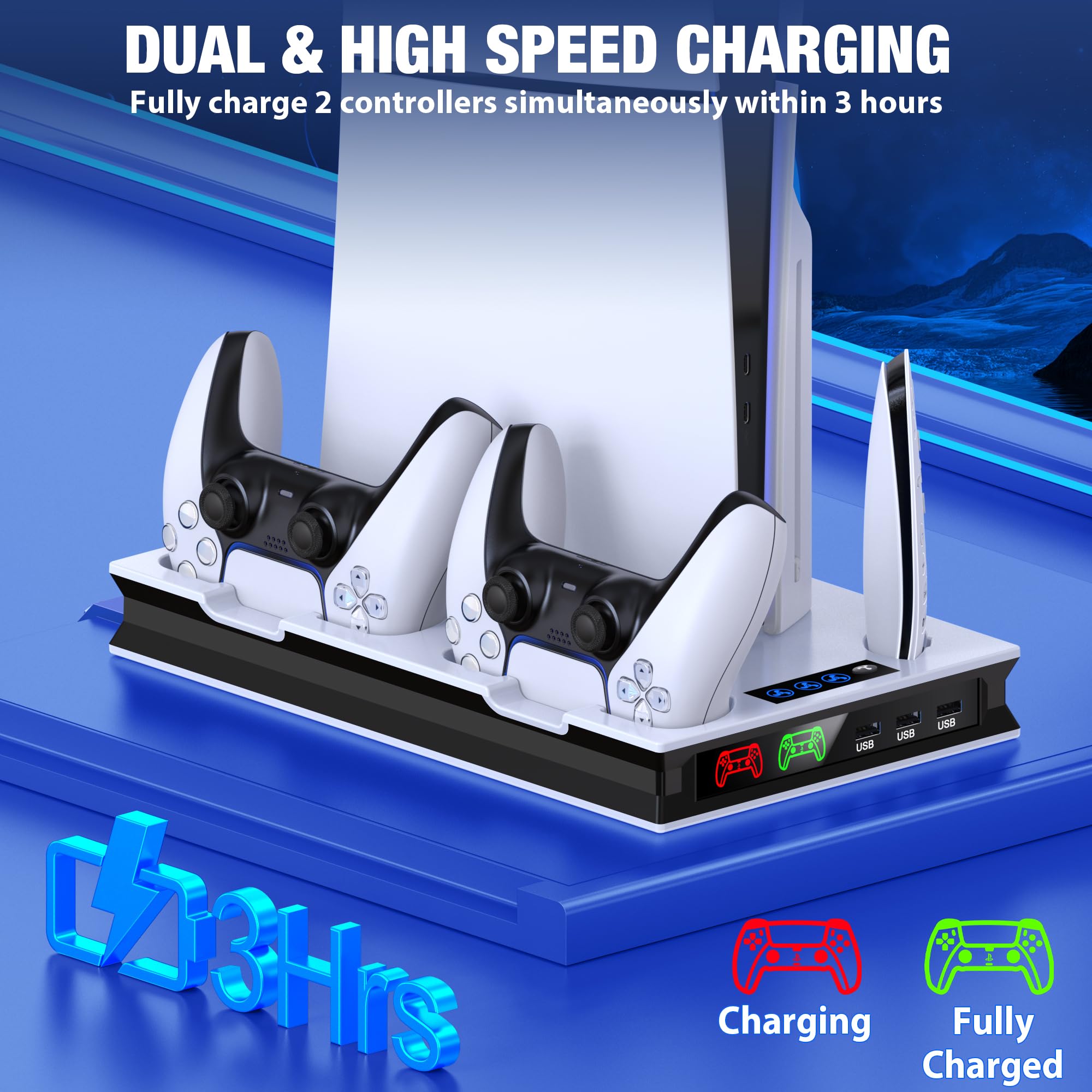 PS5 Slim Stand & Cooling Station with Dual Controller Charger - Vertical Stand for PlayStation 5 Slim Digital/Disc Edition - Includes Headset Holder, 3 USB Hub & Cable Management - Perfect for Gaming Setup & Console Protection
