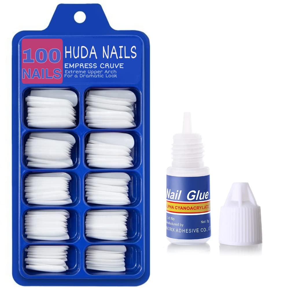 HUDANAILS BEAUTY Professional 100-Piece White Fake Nails Kit with 3ml Nail Glue - Perfect for Acrylic Nails, Manicures, and Salon Nail Extensions