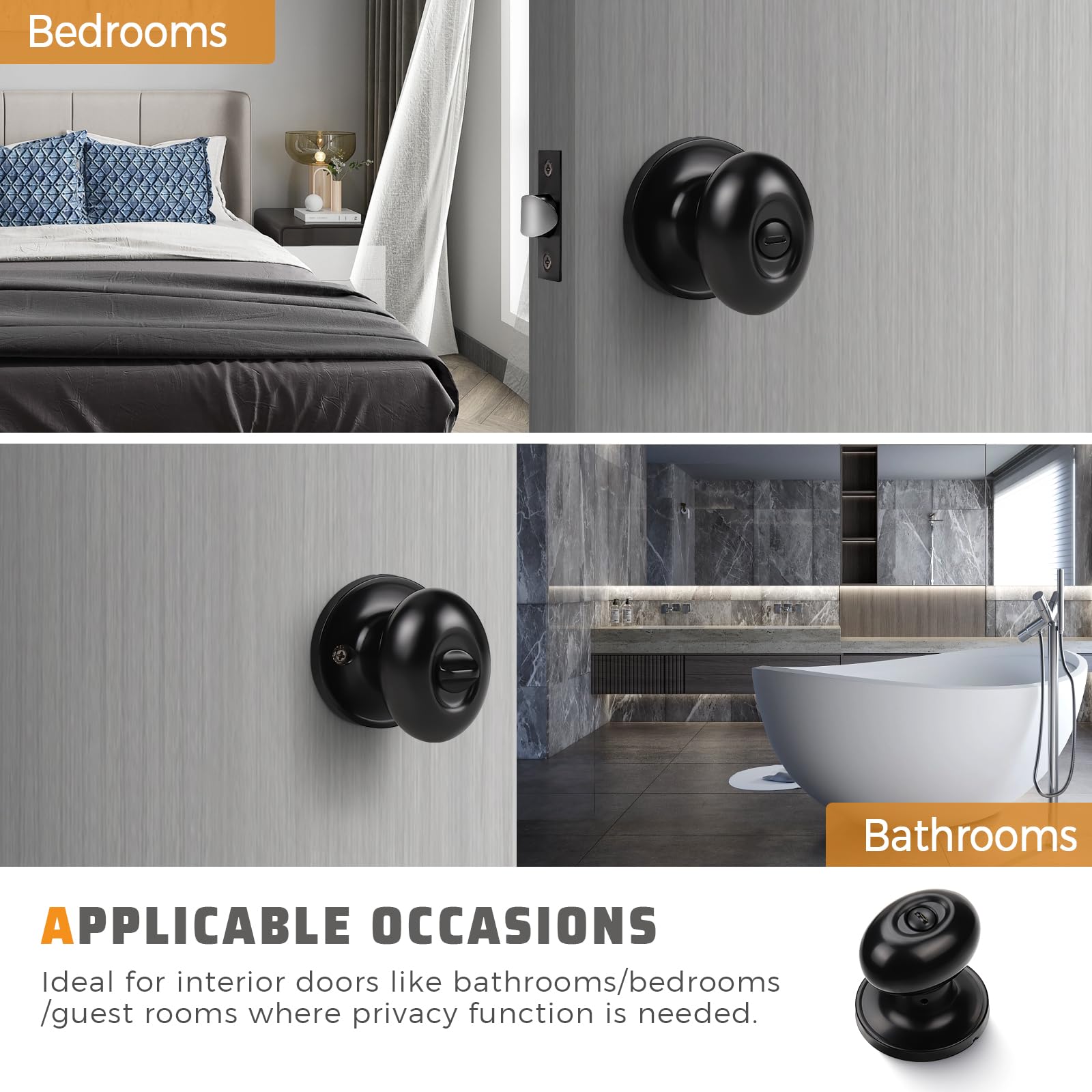KNOBWELL 6-Pack Matte Black Privacy Door Knobs - Keyless Oval Bedroom & Bathroom Interior Door Lockset for Enhanced Security and Style | Perfect for Homes, Apartments, and Rental Properties