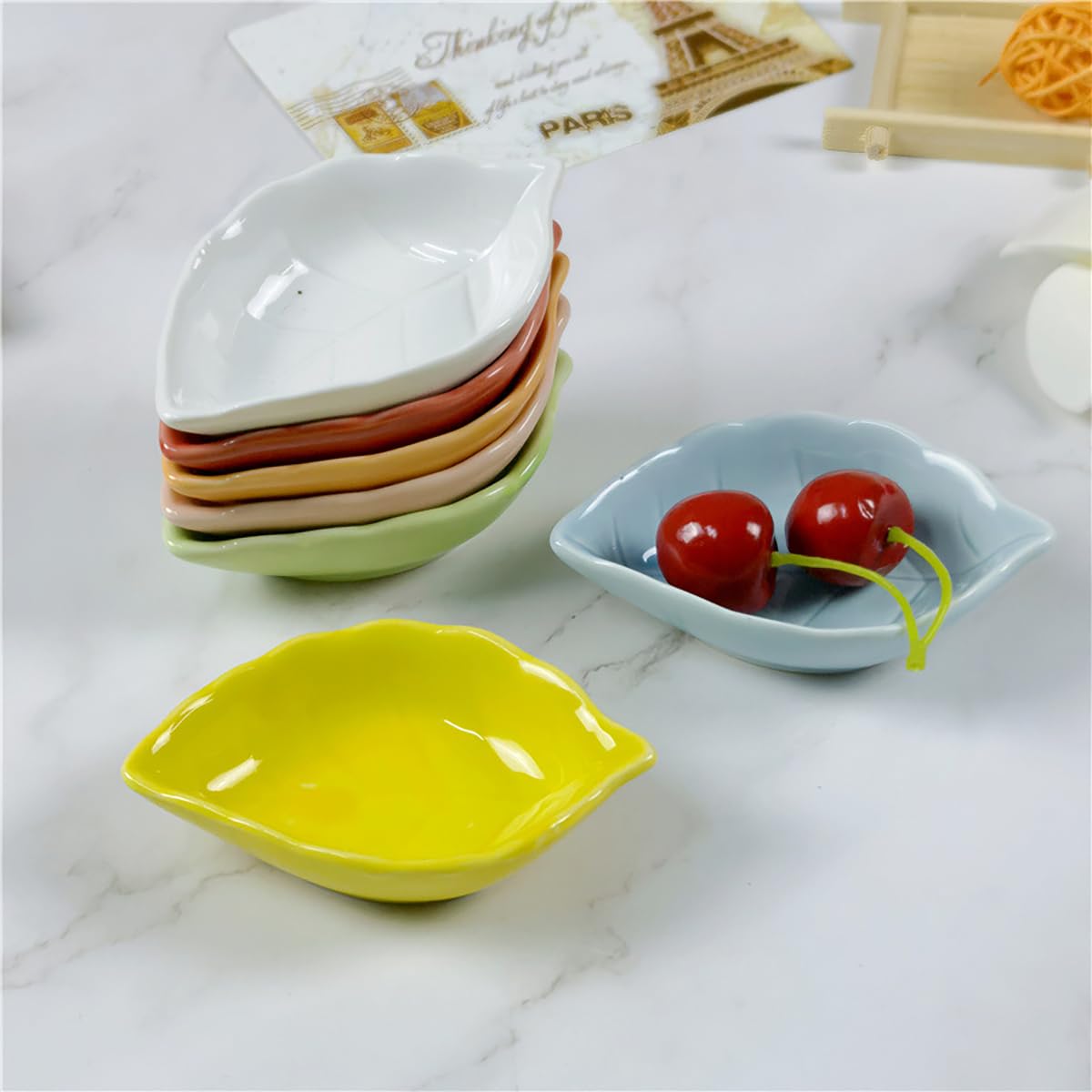 WAIT FLY 4-Piece Green Ceramic Leaf-Shaped Condiment Bowls - Perfect for Seasoning Dishes, Tea Bag Holders, Ketchup Saucers, Appetizer Plates, and Sushi Wasabi Dipping - Ideal for Kitchen, Dining Table, and Party Serving