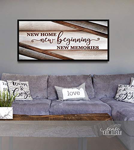 Wooden Framed Canvas Wall Art - Sense of Art New Home New Beginnings V15 - Rustic Religious Home Decor for Living Room - Housewarming Gift (Brown, 60x27 Inch Black Floating Frame) - Perfect for Farmhouse, Apartment & Office Decor
